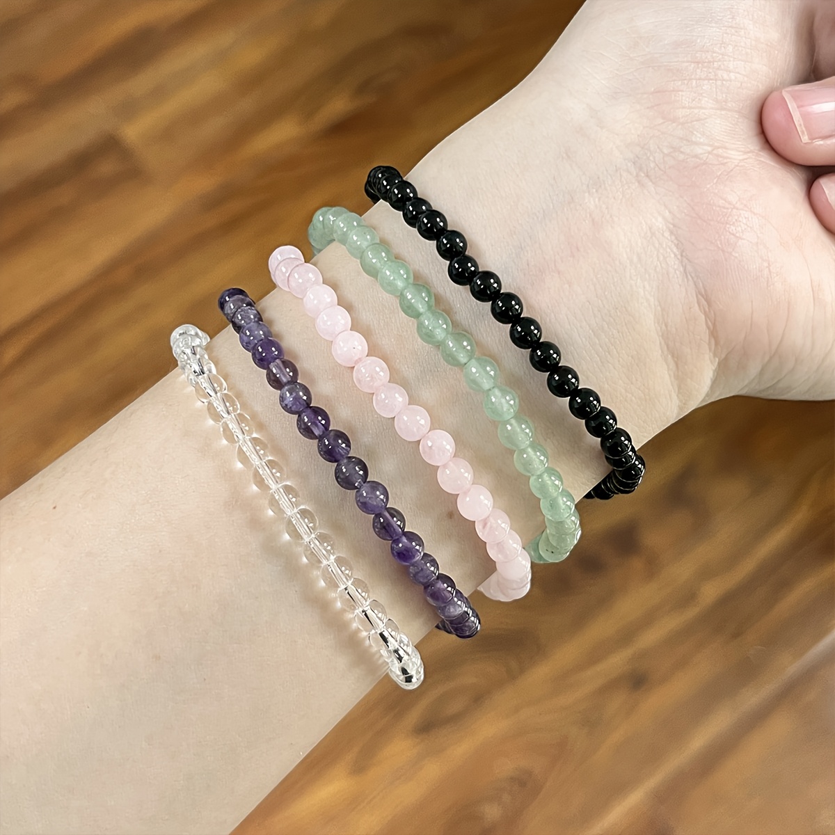 5pcs Bohemian Handmade Bead Bracelet Set, Amethyst & Rose Quartz