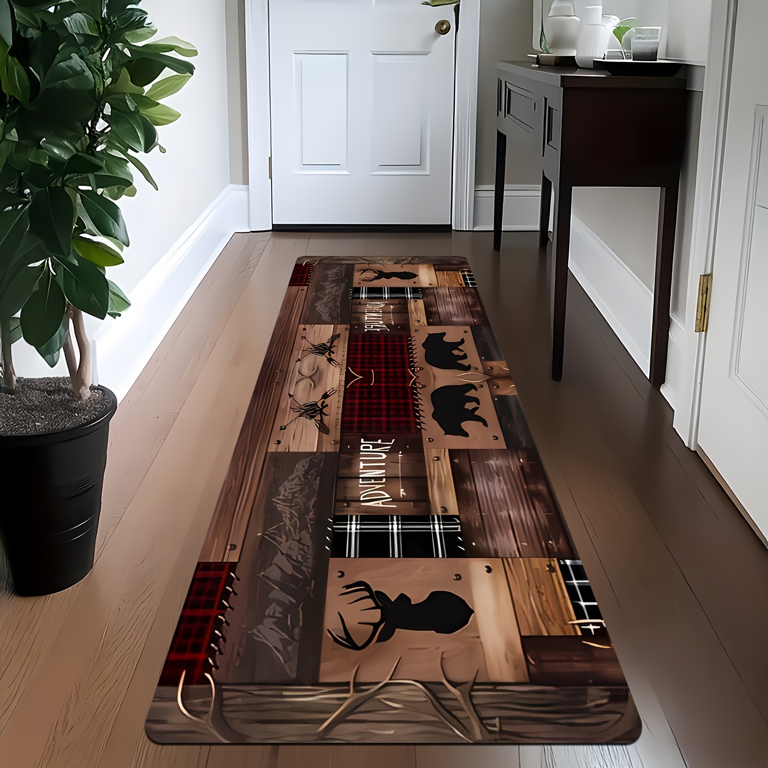 TEMU 1 tapis de luxe longue course - Motif planche de bois rustique avec animaux des bois, et texte "Joyeux & Lumineux", Tissu 100% polyester lavable