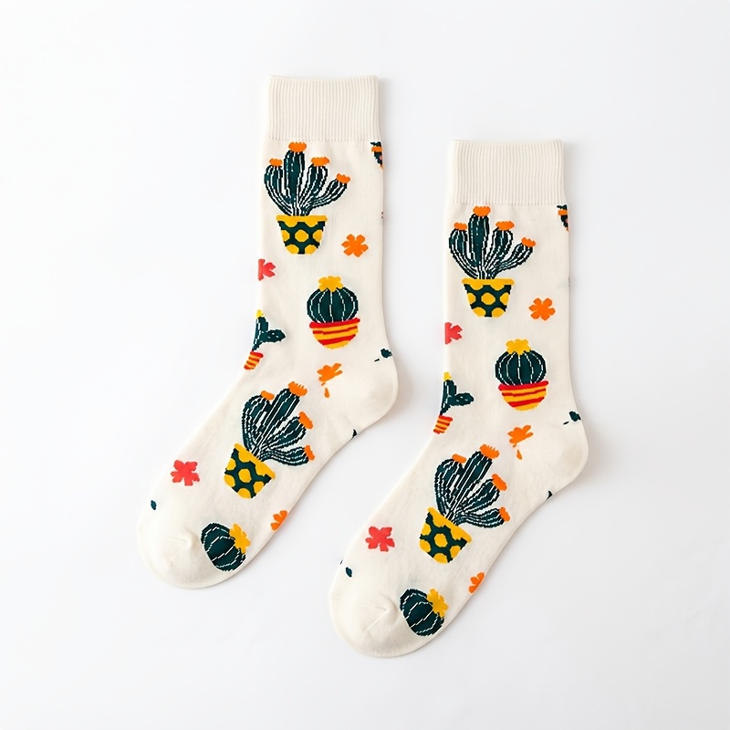 TEMU 1 Pair Men' & Women' Cactus Print Socks - Mid-calf Tube With Ribbed Cuffs, Breathable Polyester Suitable For Daily Wear, Cactus-themed Casual