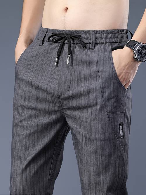 mens summer stretchy casual pants with elastic waist wrinkle fit imitation cow machine washable light for office casual attire business casual pants smooth texture fabric