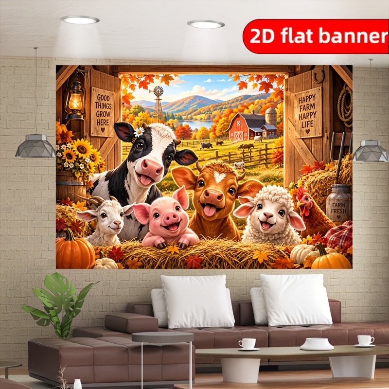 Autumn Farm Animal Background Cloth with Cow, Pig, Horse