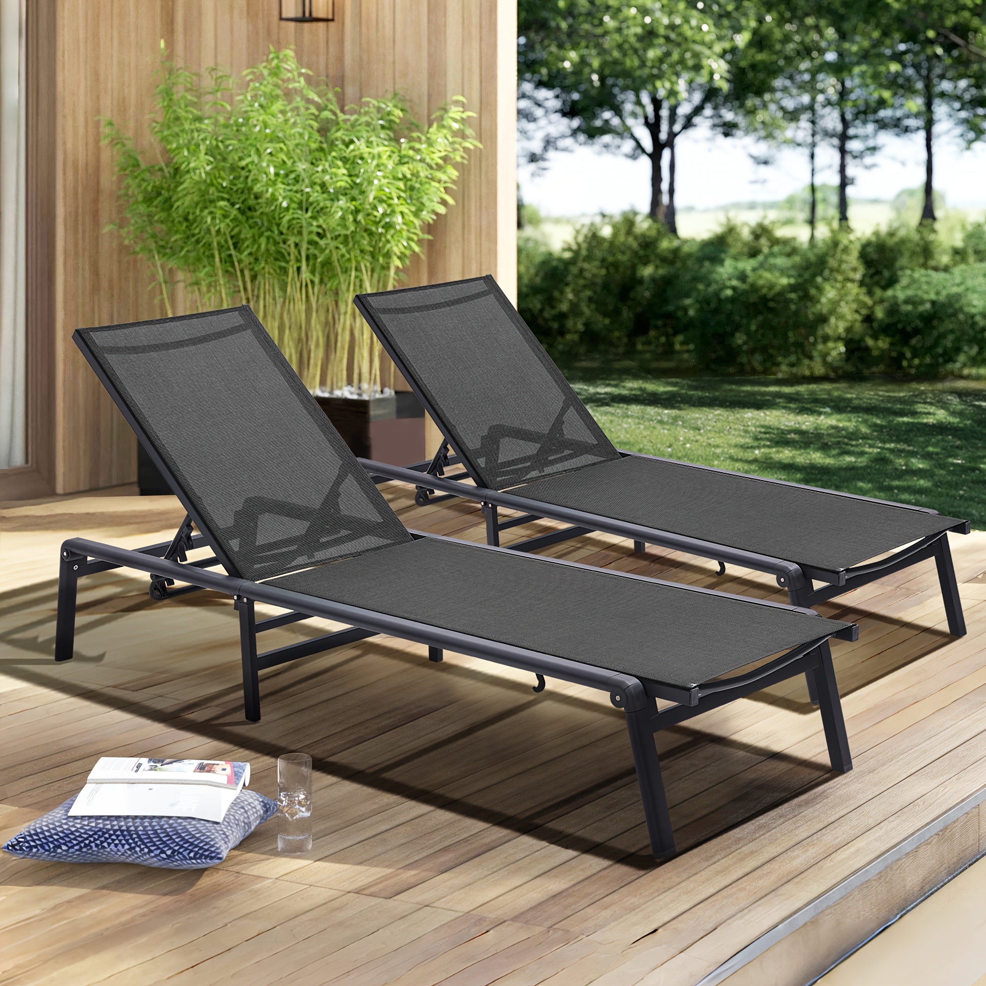 Value 2-Pack Chaise Lounge Set, Lightweight Aluminum Frame, Foldable Portable Pool and Beach Chair Furniture, Adjustable Backrest, Ideal for Patio Deck Yard