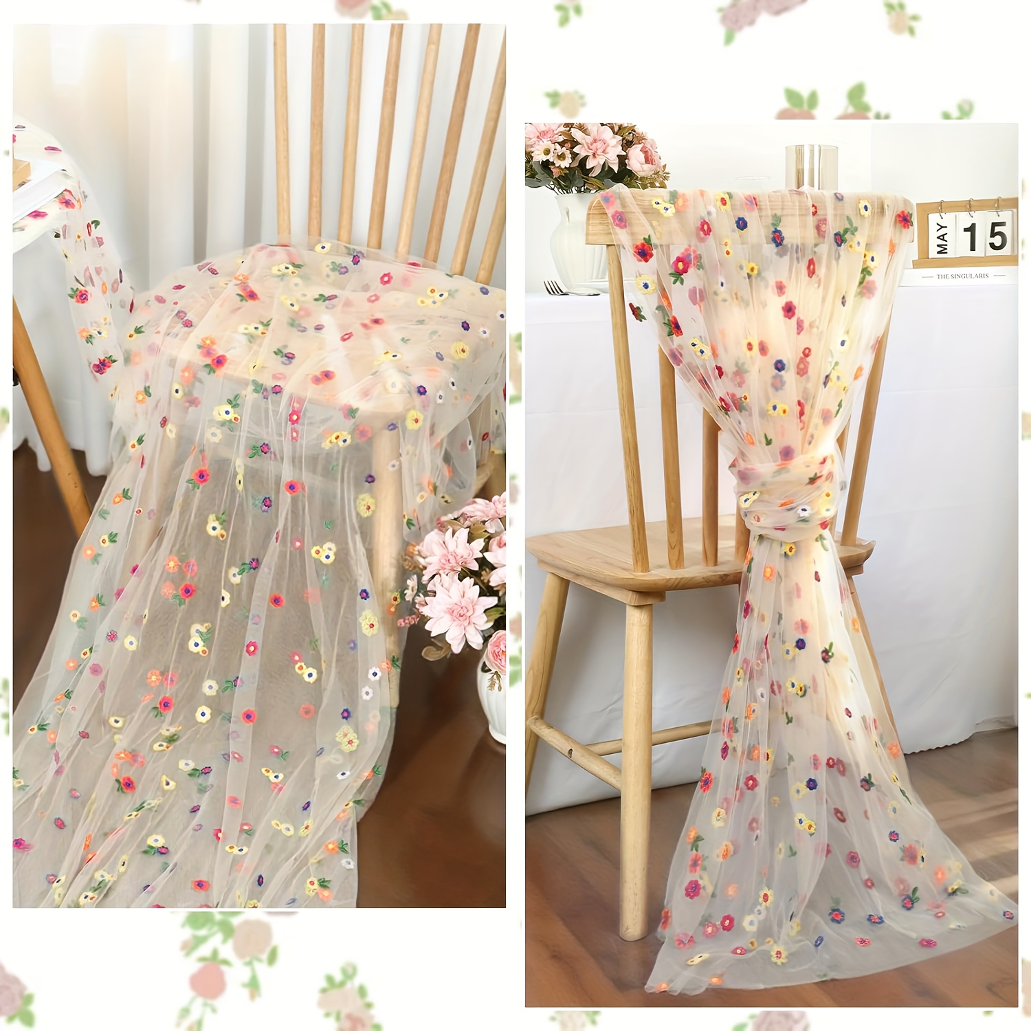 Image of 200cm Long Embroidery Cheesecloth Tulle Table Runner Daisy Summer Fall Table Runner Gauze Table Runners For Wedding Party Baby Shower Birthday Home Decor Holiday Decorations, Chair Sash