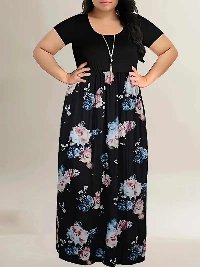 Plus Size Floral * Dress - Short Sleeve Round Neck Fitted Top & Flowy Skirt, Breathable Stretchy Fabric, Machine Washable Elegant Women's Summer Dress for Spring Summer Fall, Cute Summer Dresses Plus Size Floral * Dress - Short Sleeve Round Neck Fitted Top & Flowy Skirt, Breathable Stretchy Fabric, Machine Washable Elegant Women's Summer Dress for Spring Summer Fall, Cute Summer Dresses
