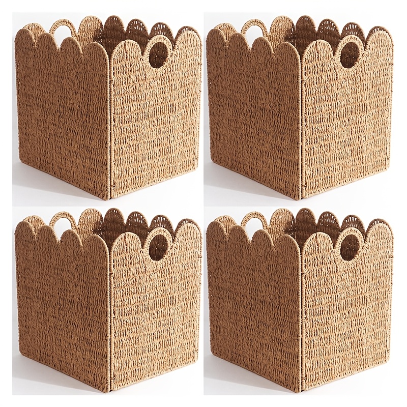 Image of 4pcs Paper Rope Storage Baskets Foldable Cube Storage Basket Bins With Handles Bin For Halloween Christmas Decor, Clothing Storage, Used For Storing Dirty Clothes, Shelf Baskets