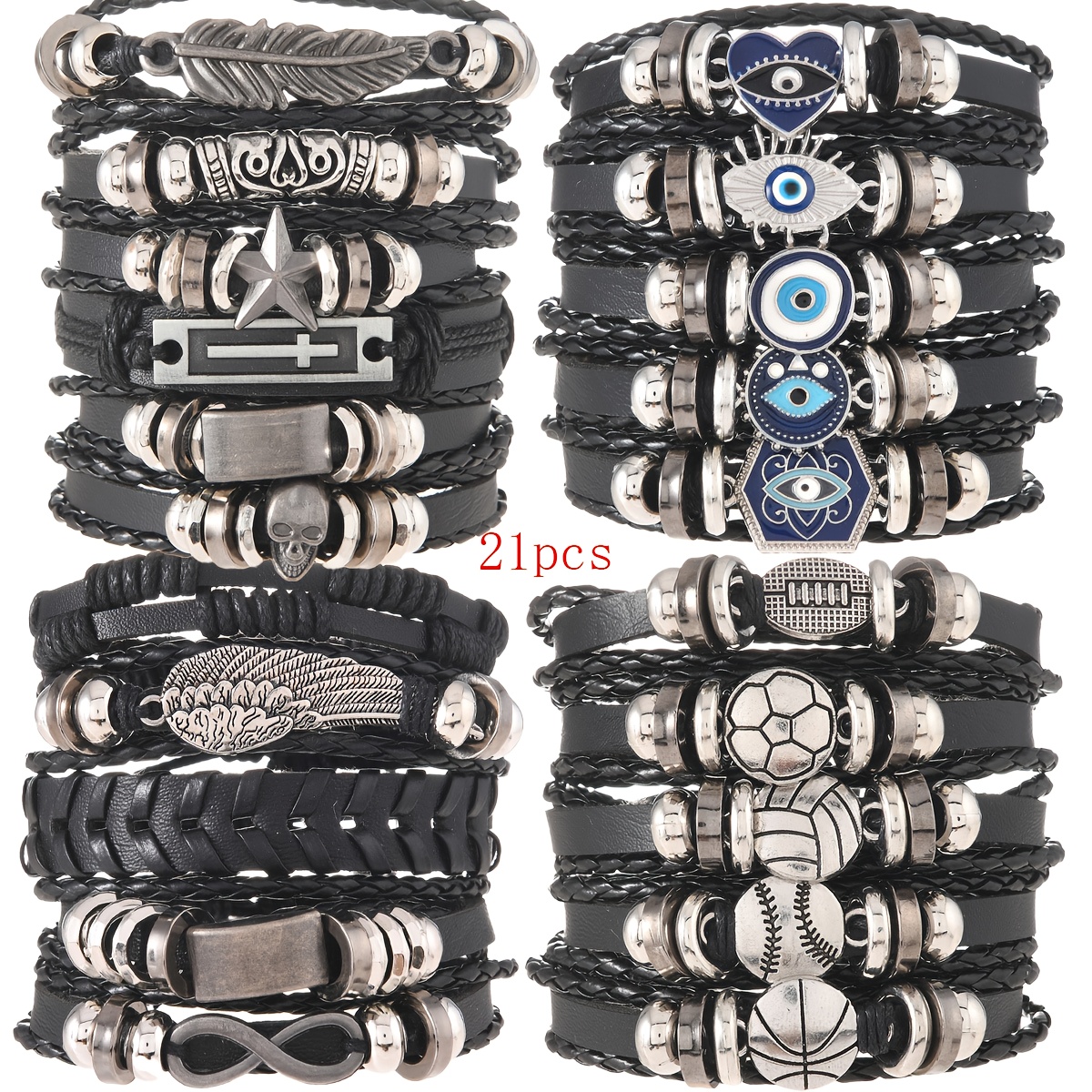 21 pulseiras trançadas de pele falsa para homem, estilo boémio, presente retro para  ,   de futebol,  ,  ,   de  ,    .