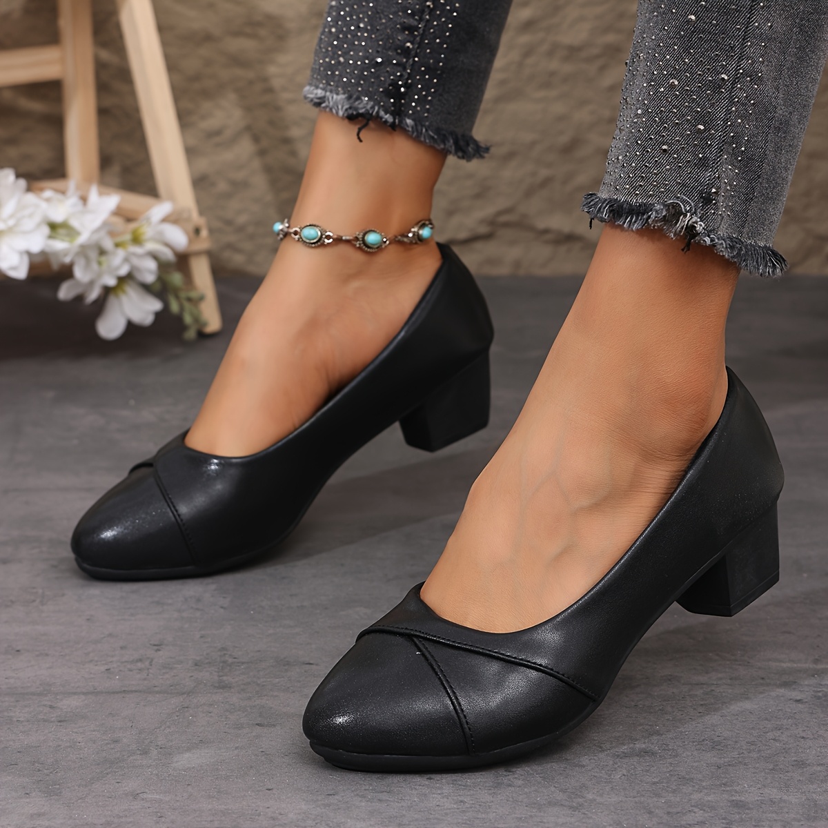 Tacones Negros Zapatos TacÃ³n Ancho Tacon Grueso Zapatos De Dama