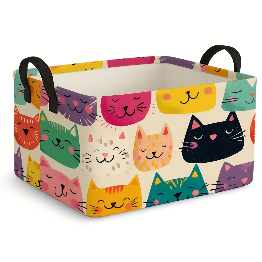 TEMU 1pc Large Foldable Square Storage Basket, Features An Handle, Adorable Cat-themed Container. Storing Clothing And Gifts, Organizing Home Decor,