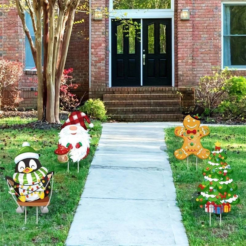 

4-piece Christmas Yard Signs Set - Festive Outdoor Lawn Decorations With Santa, Penguin, Gingerbread Man, And Tree Designs - Plastic Garden Stakes For Holiday Display - No Electricity Needed