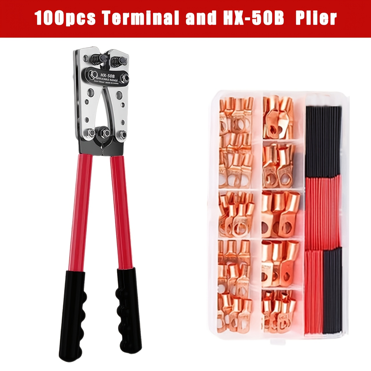 TEMU Pince à sertir HX-50B de 100 anneaux en cuivre pour bornes basse tension et gaines thermorétractables 3:1