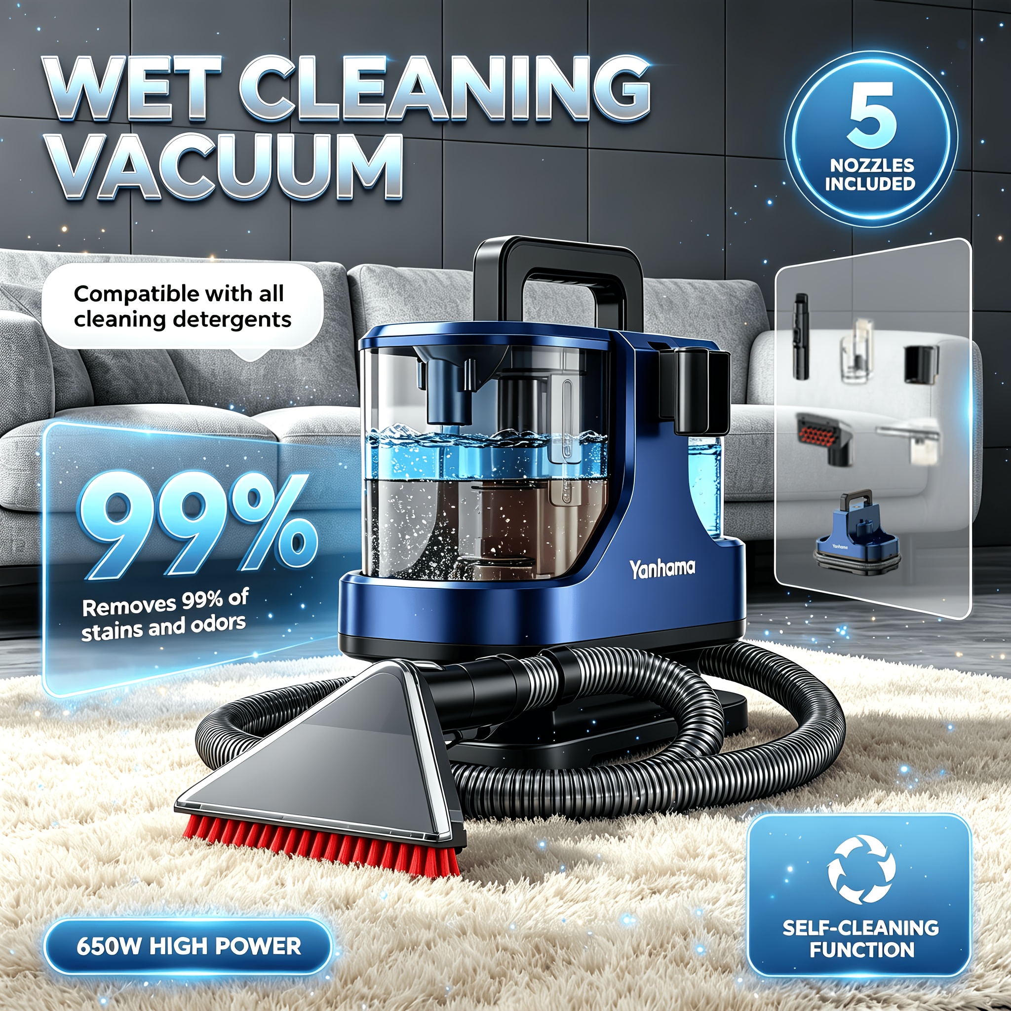 Deep Cleaning Spot Cleaner Machine With 65kpa Suction, Portable Carpet Shampooer For Sofa, Mattress, Car Seats, And Upholstery, Large System For Pet Stains & Liquid