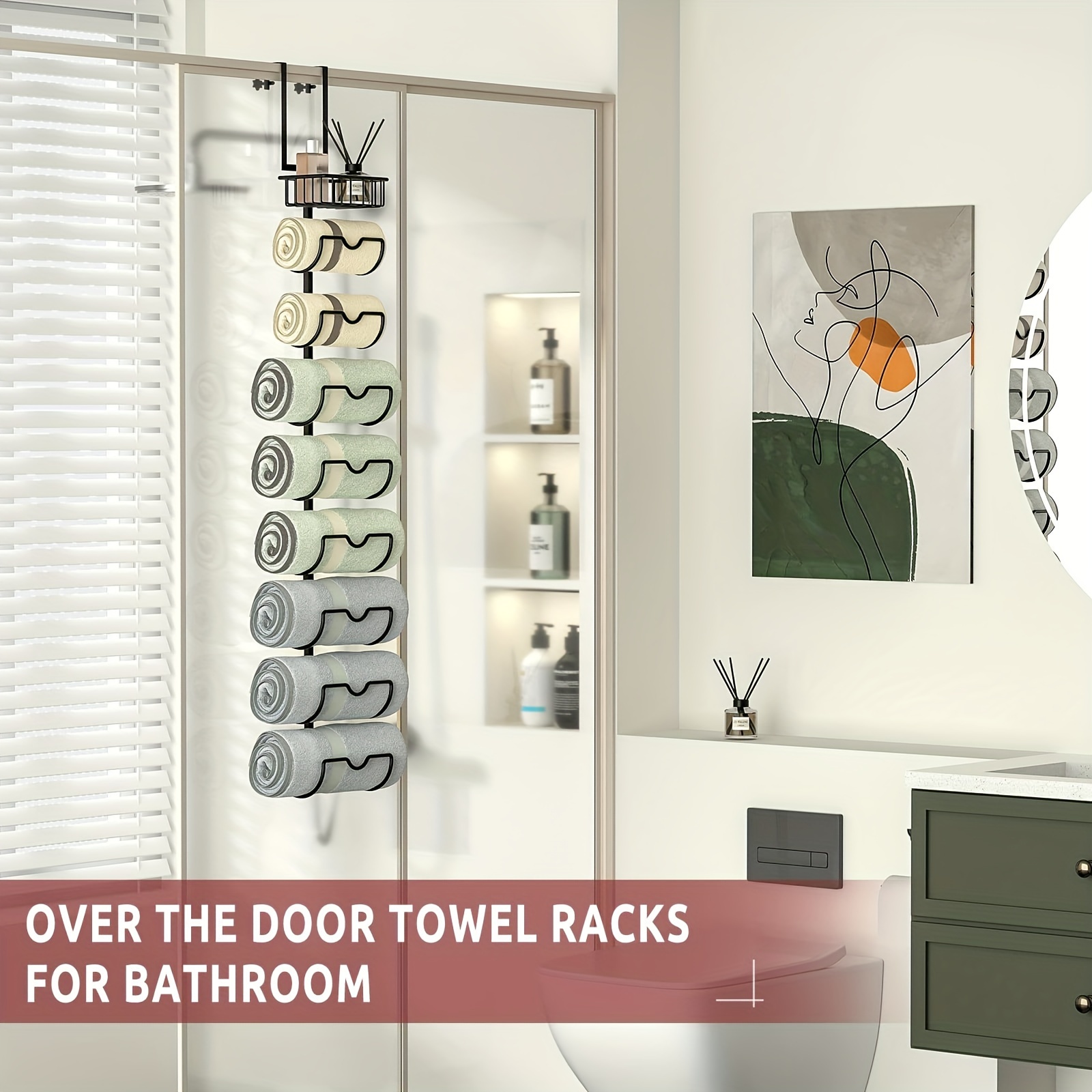 

9-tier Adjustable Hooks Over The Door Towel Rack, Wall Mounted Metal Towel Holder, Hanging Rolled Towel Organizer For Bathroom Storage Organizer-black, 46.9*7.1*4.6inch