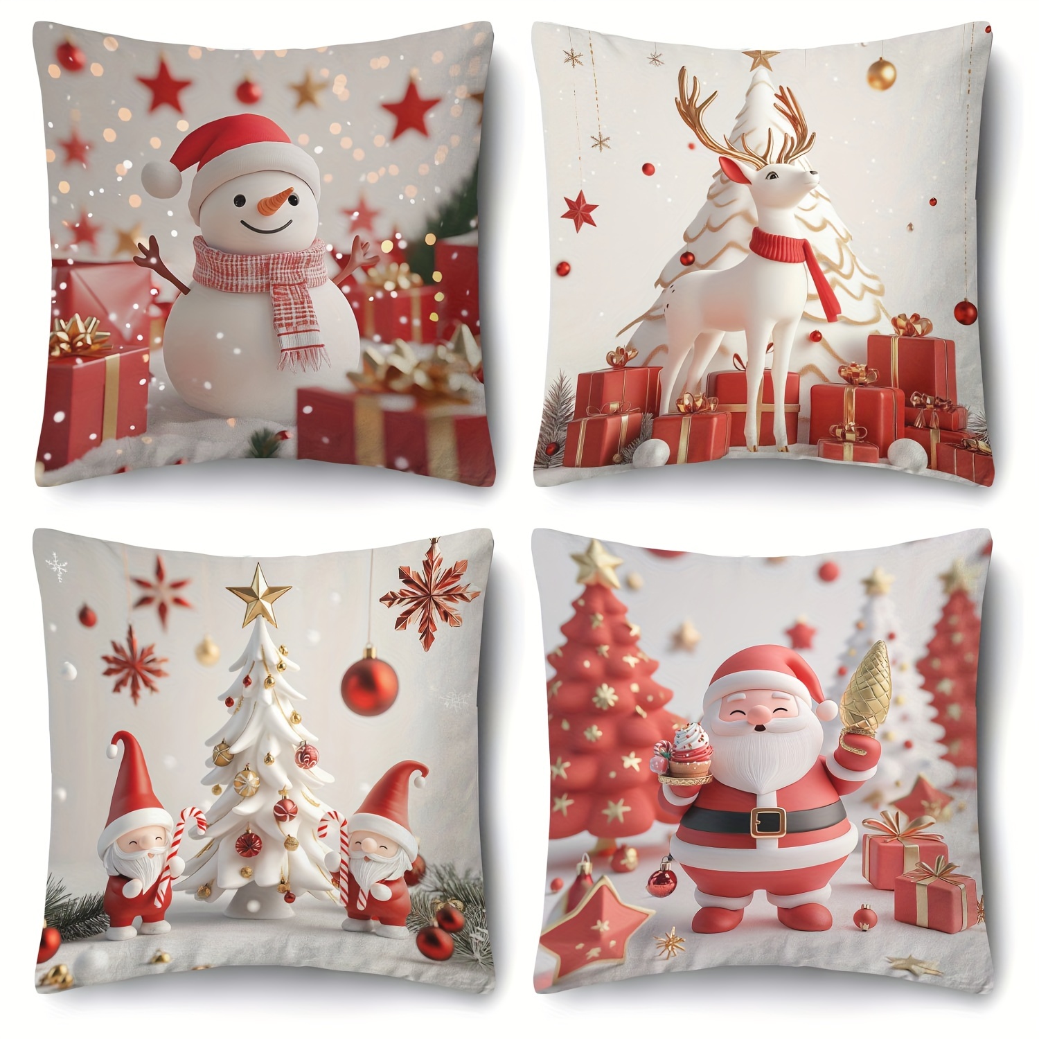 

4pcs Christmas Pillow Cover Set - 18x18 Inch, Santa & Snowman Designs, Machine Washable With Zipper Closure - Holiday Decor