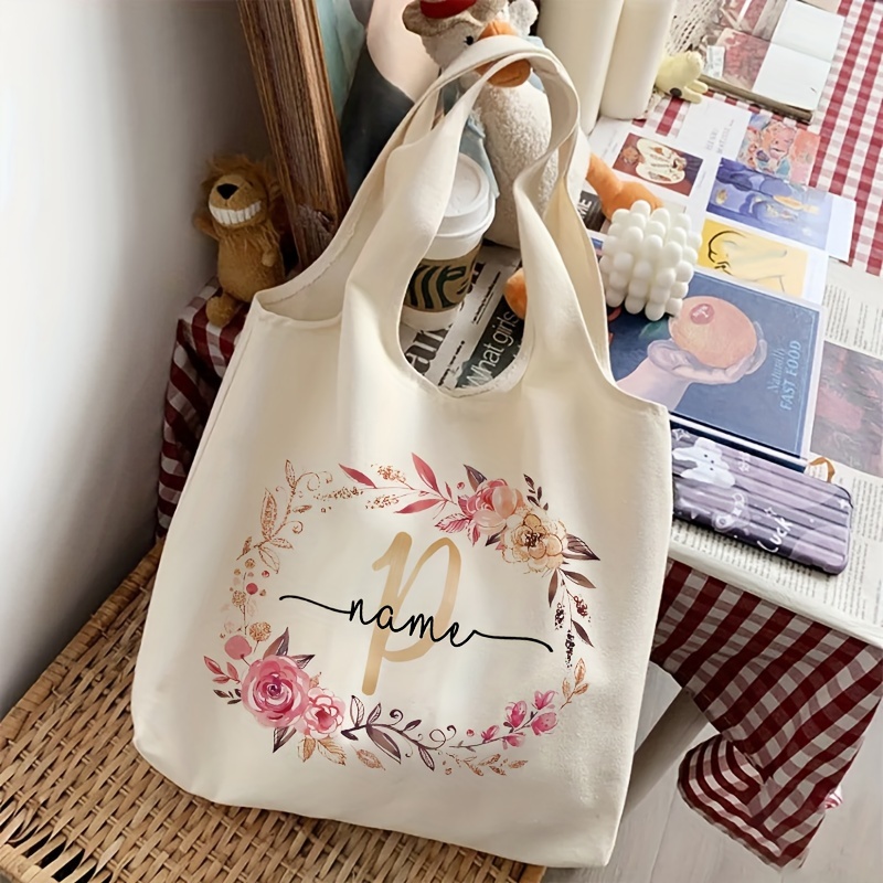 TEMU Custom Floral & Letter Name Tote Bag - Fashionable Polyester Shoulder Handbag For Women, Bridesmaids, Shopping, And Wedding Gifts