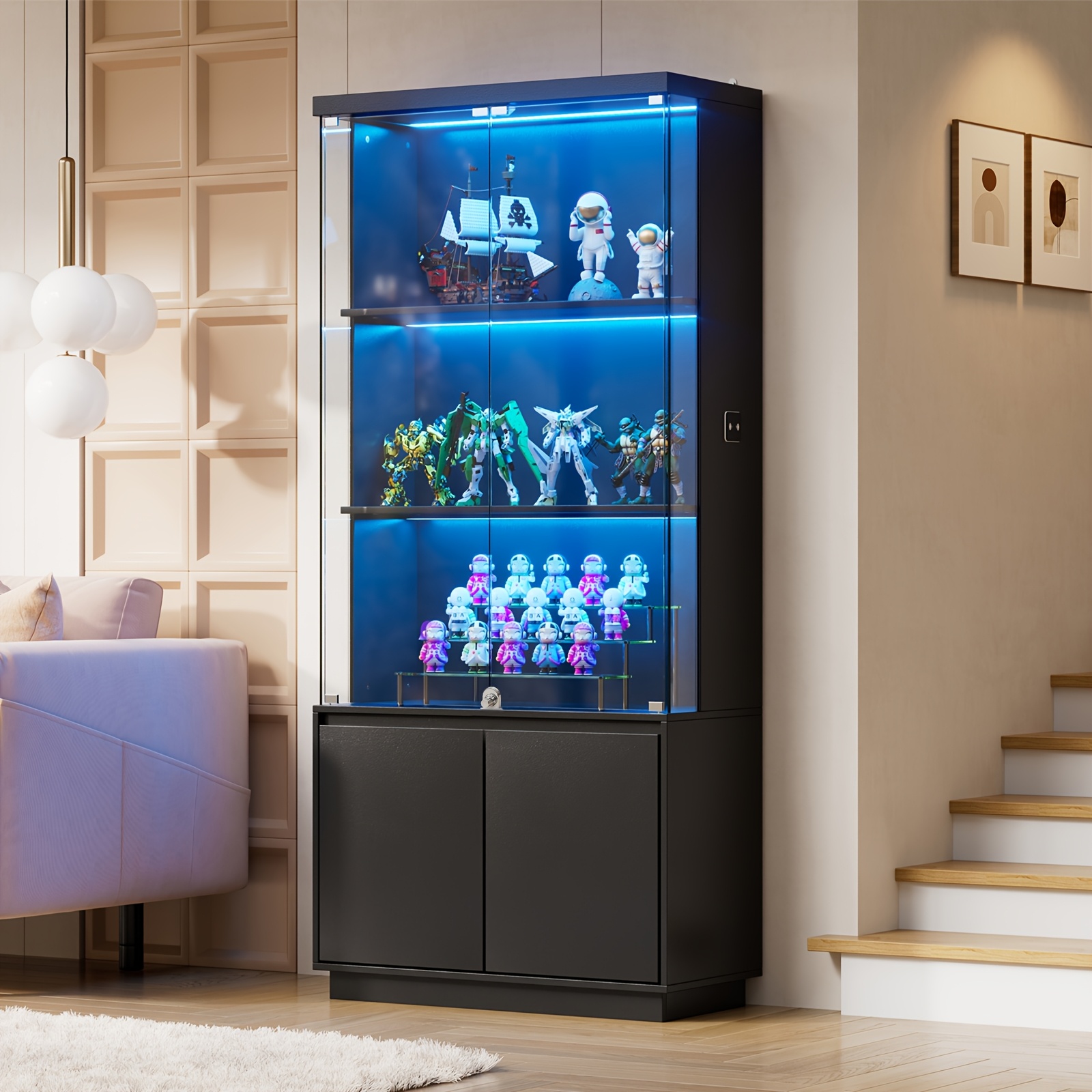 Image of Display Cabinet With Led Light Strip And Lockable Glass Door, Adjustable Shelves, Upper And Lower Layered Floor-standing Storage Cabinet, Display Cabinet For Figurines, Books, And Collectibles