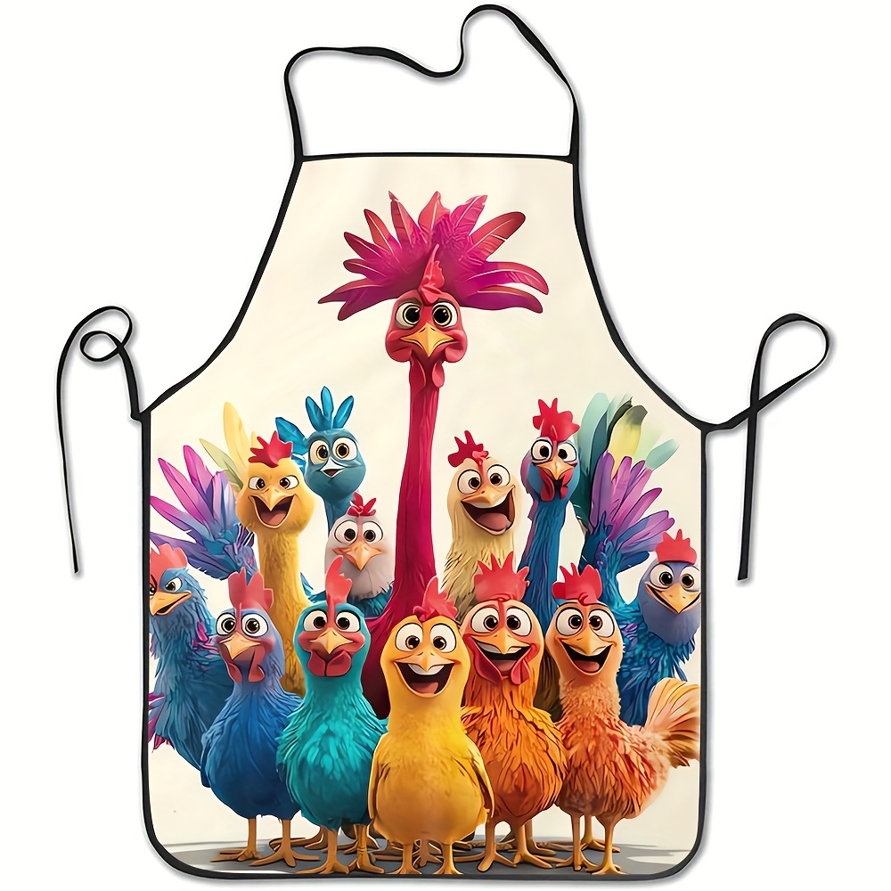 TEMU 1pc Cartoon Chick Apron - Vibrant Rooster And Chick Pattern, Durable Kitchen Apron, Suitable For Cooking, Baking, Gardening - Accessory For