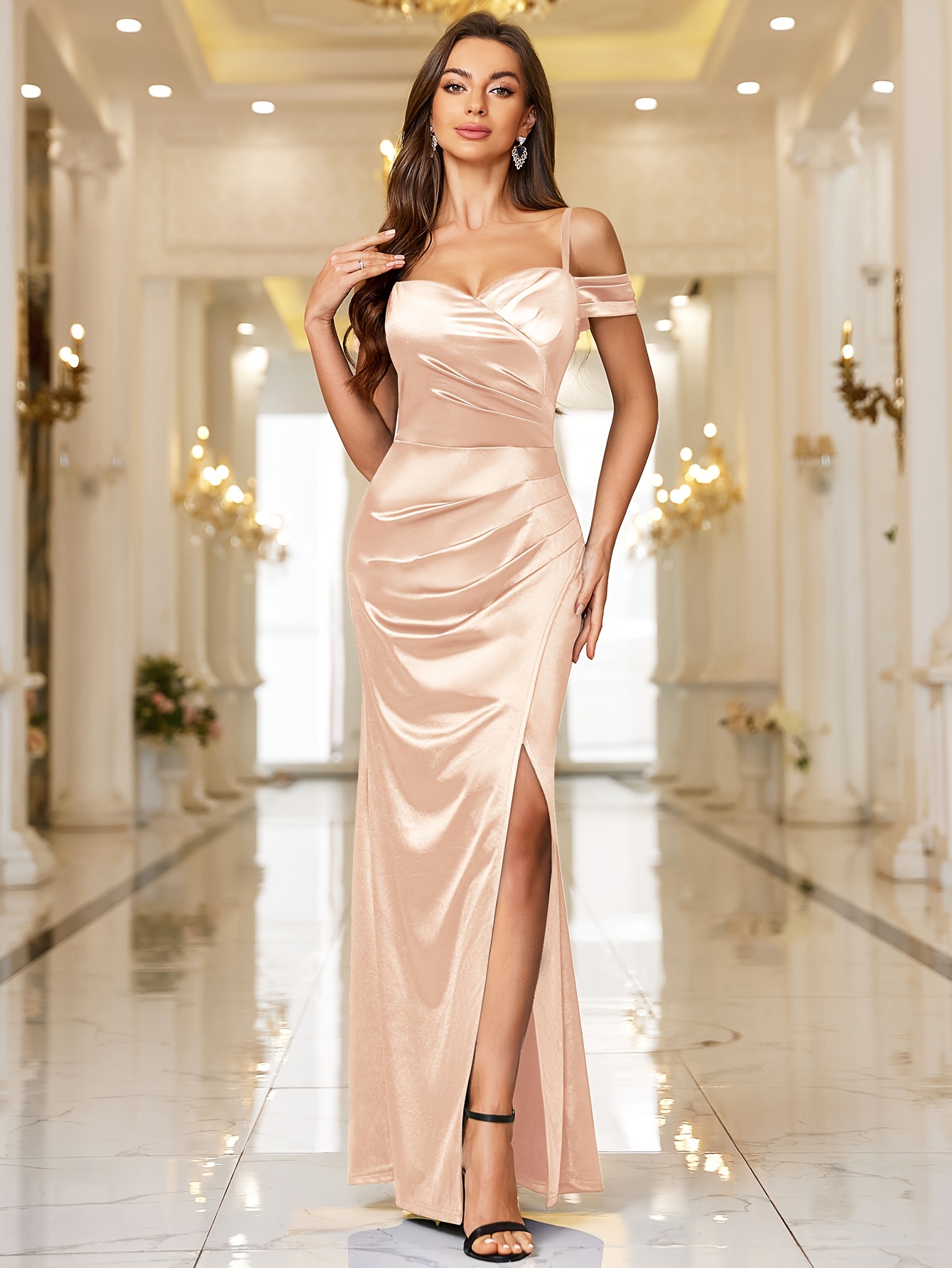 slim fit dress slacks Bling Bling Rose Gold Off Shoulder Short Sequins Prom Dress Cocktail G –  Siaoryne main image 0
