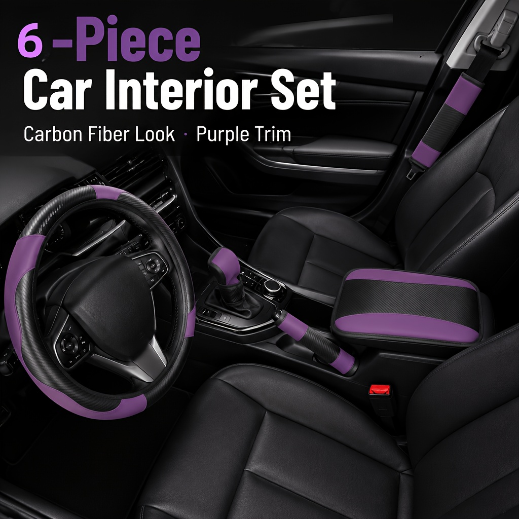 TEMU Ensemble Intérieur de Voiture 6pcs: Microfibre & Cuir en Fibre de - une Housse de Volant de 15", une Poignée de Frein à Main, un Coussin