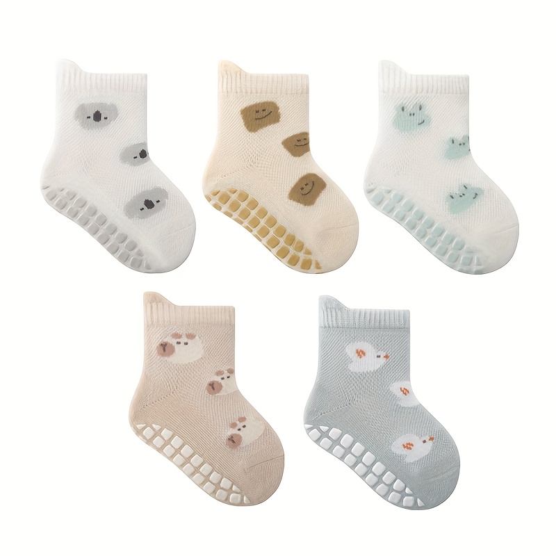 E-shop 5-Pack Baby-Socken mit Cartoon-Motiven, Atmungsaktive Mesh-Rutschfeste Socken für Jungen Mädchen, Kleinkind-Bodensocken