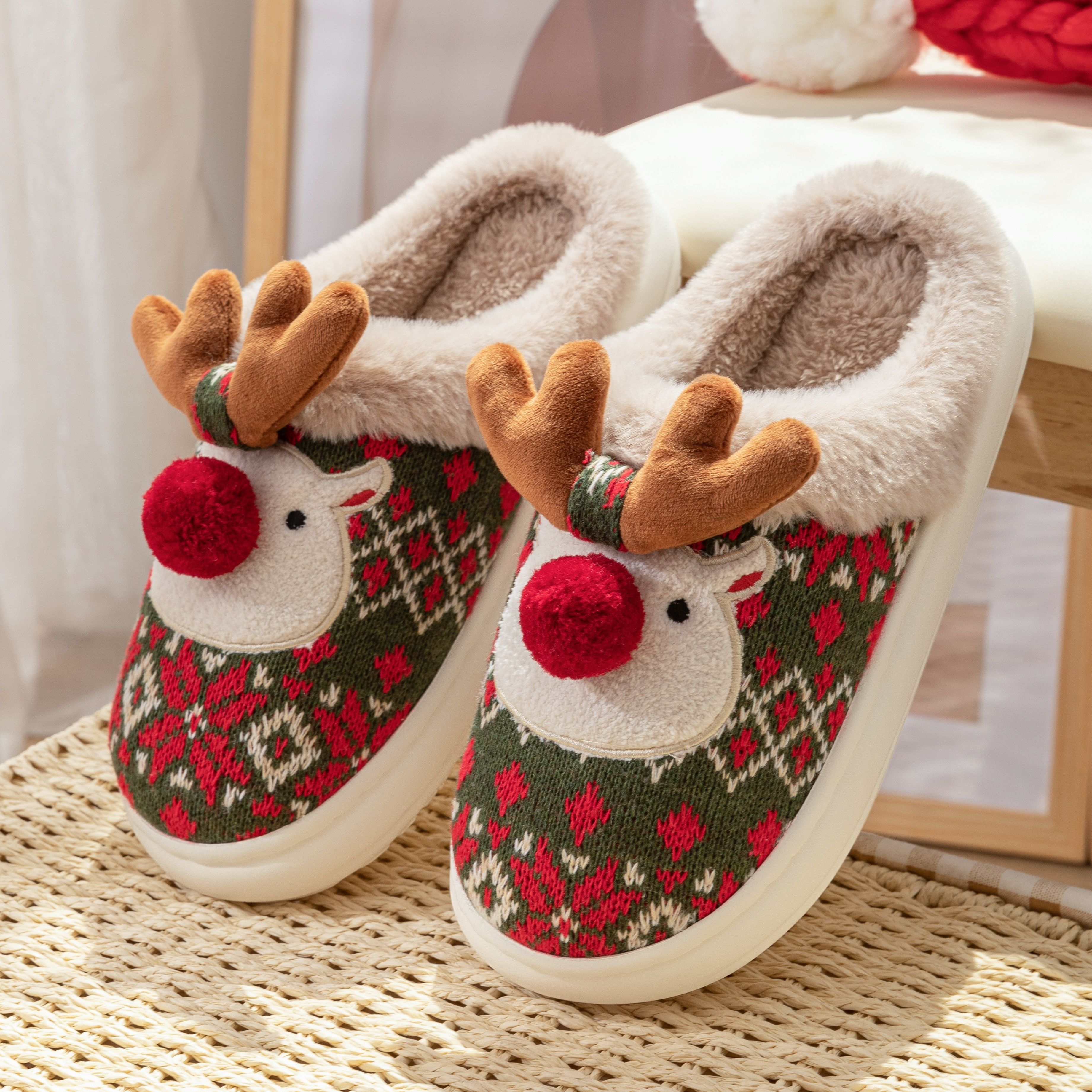 TEMU Christmas Reindeer Slippers For - Soft, Fleece-lined Shoes With , For