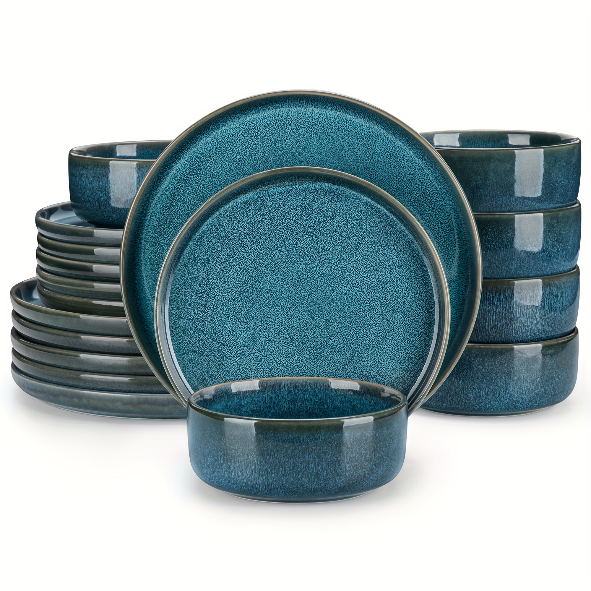 E-shop 18-teiliges Dinner Set Blaues Steinzeug Doppelseitig Reaktive Design Teller Schüssel Set Geschirr mit Teller, Dessertteller und Flocken Schüssel