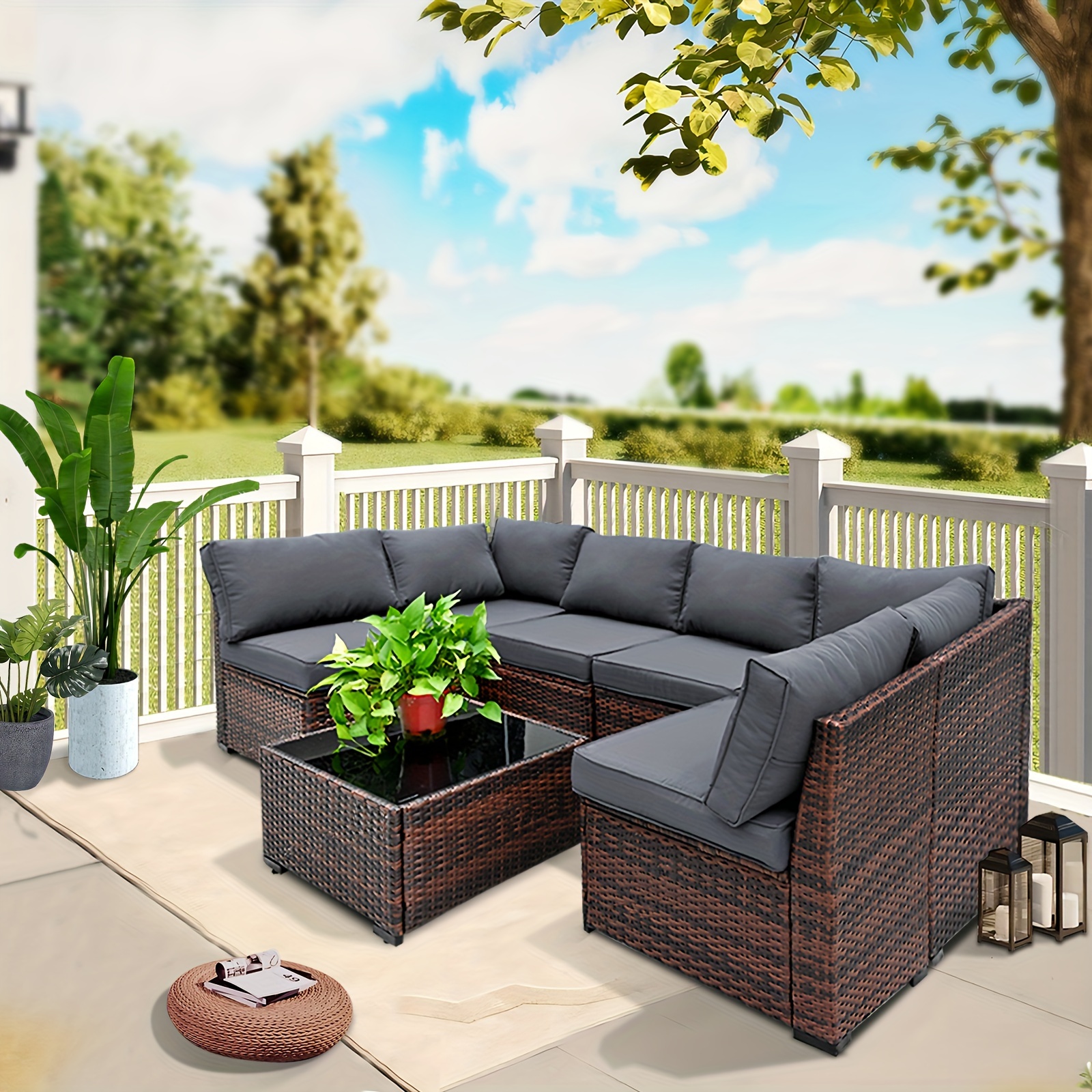 [FOHO Patio] FOHO 1 Set Waterproof Rattan Patio Furniture | Soft Cushions, Light-Resistant Metal And Plastic Frame - No Power Needed, Ideal for Indoor/Outdoor Use