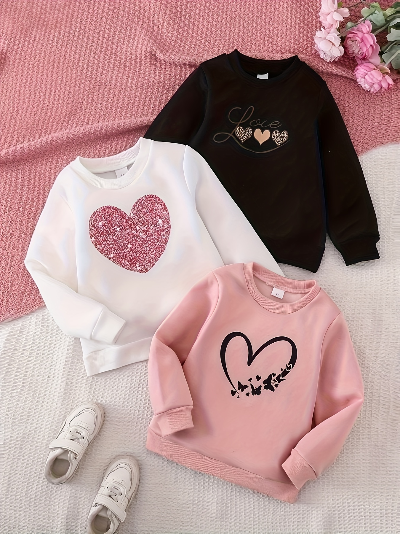 3 stuks 2J-7J Meisjes Casual Ronde Hals Lange Mouw Geborstelde Rib Sweatshirt met Hartjesprint