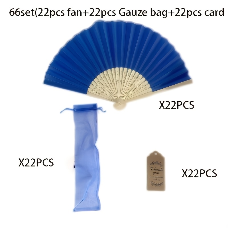 TEMU Juego de 33/66 abanicos plegables de tela azul real con de bambú, abanicos musicales estilo carnaval para decoración de con bolsa de organza y