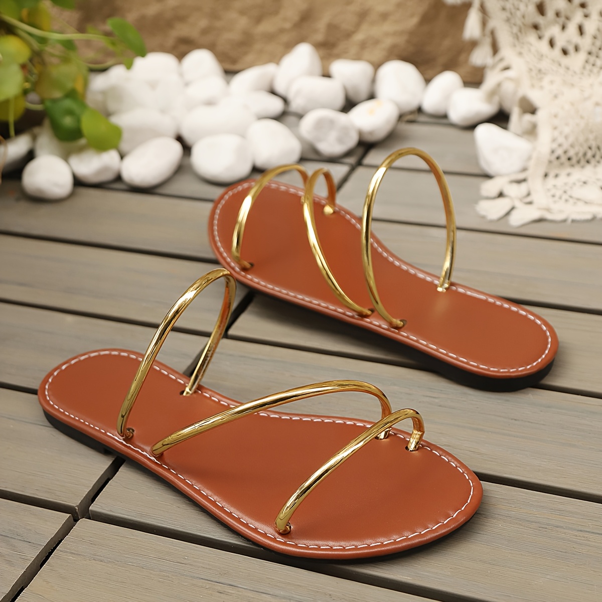 womens stylish golden flat sandals summer beach flip flops Temu