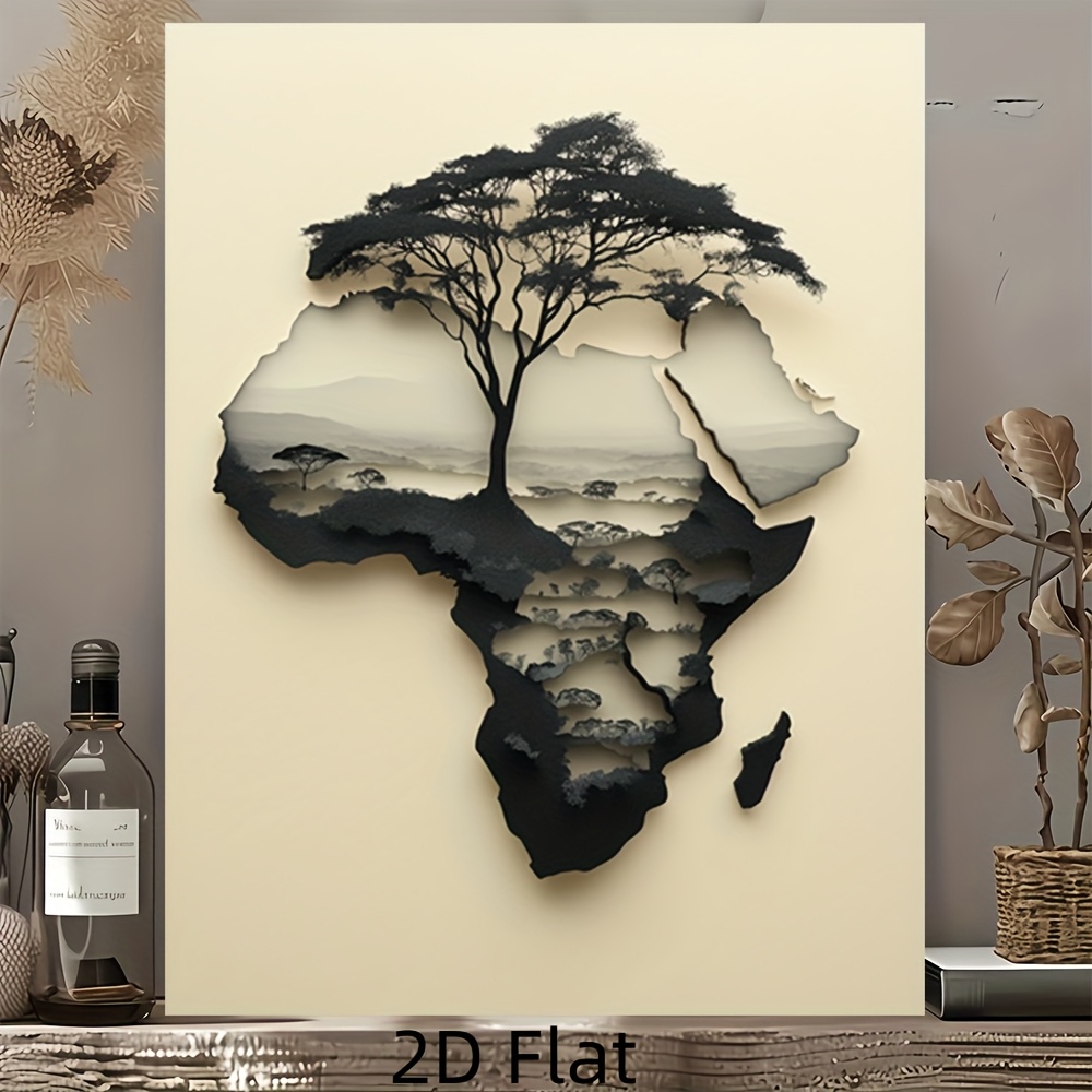 2D Flat, 2D Flat, 2D Flat A Modern Vintage Design Featuring a Black And White Map of Africa with a Tree, Printed on a Frameless Canvas. This High-Quality Poster Is Perfect for Elegant Home Office Decor And Is Currently on