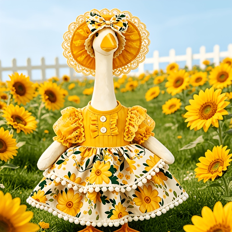 TEMU 23 Inch Spring Sunflower Lawn Ornament Goose Outfit, Lace Ruffle Bonnet And Pom Pom Trim Floral Dress Set, Garden Front Porch Yard Decor
