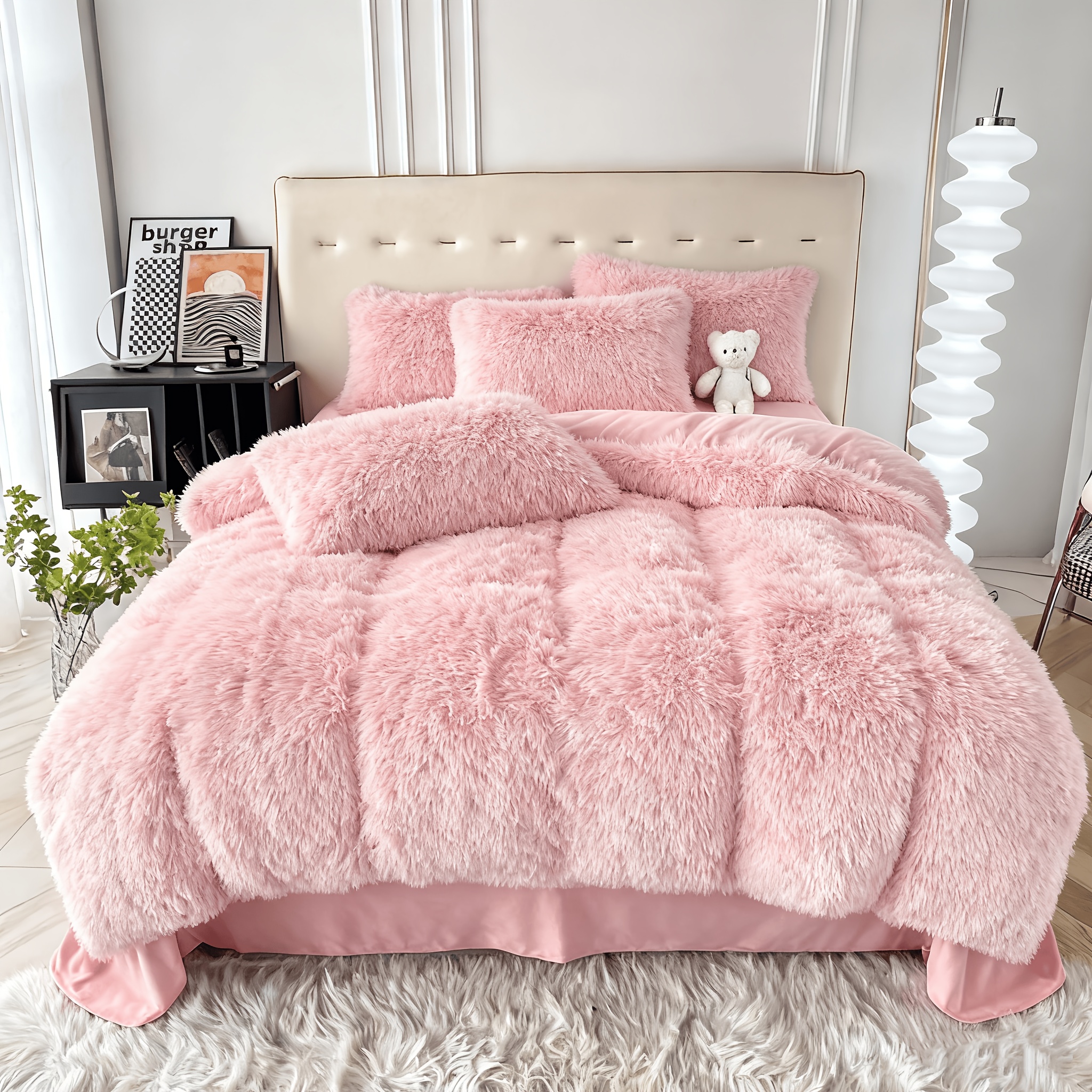 TEMU Minimalist Solid Color Fluffy Bedding - Plush Duvet Cover, Pillow Shams, Decorative Heart Pillow - Decor- Cozy Bedroom Essentials (excluding Core)