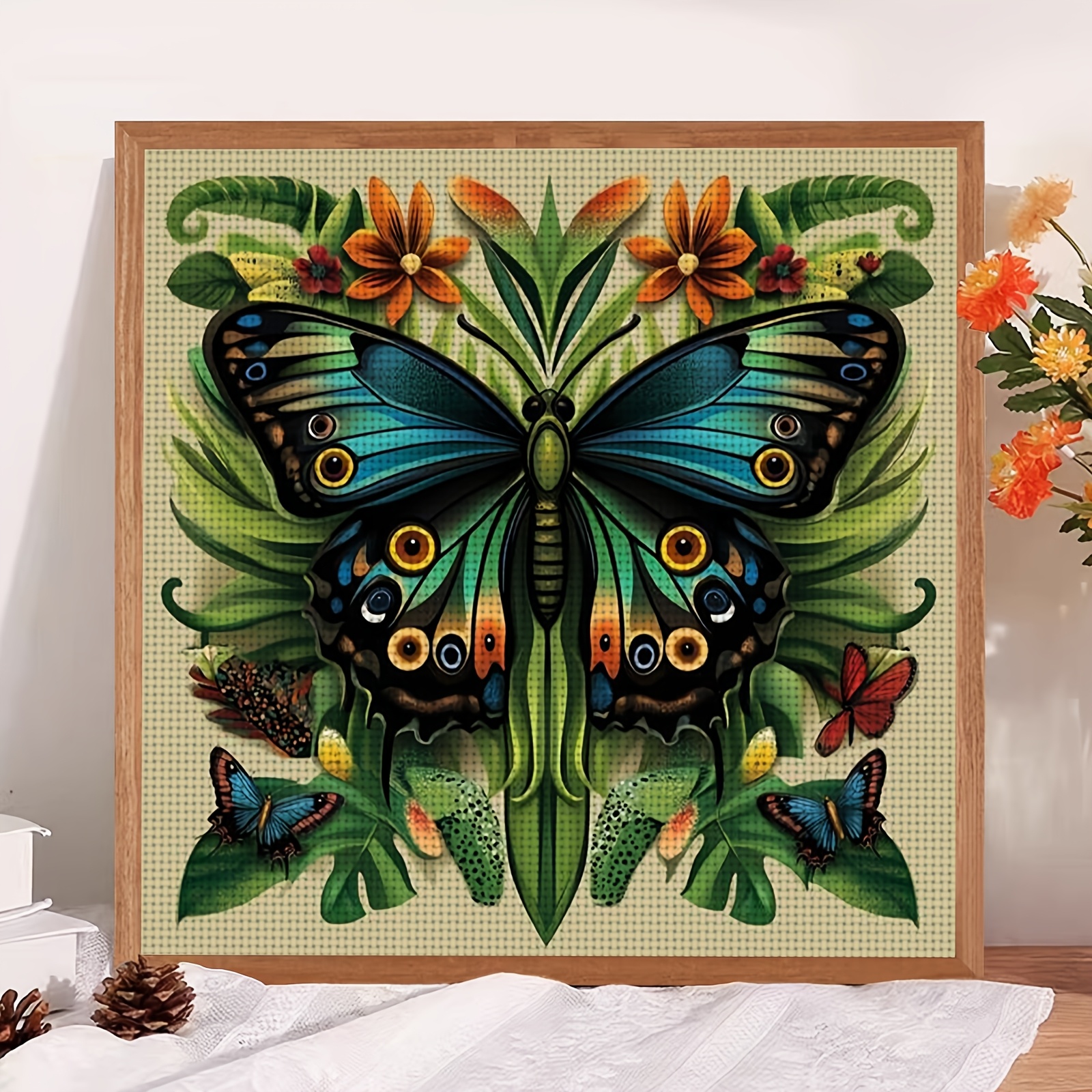 Cross-Stitch Printed Kit, Colorful Butterfly Flowers Pattern