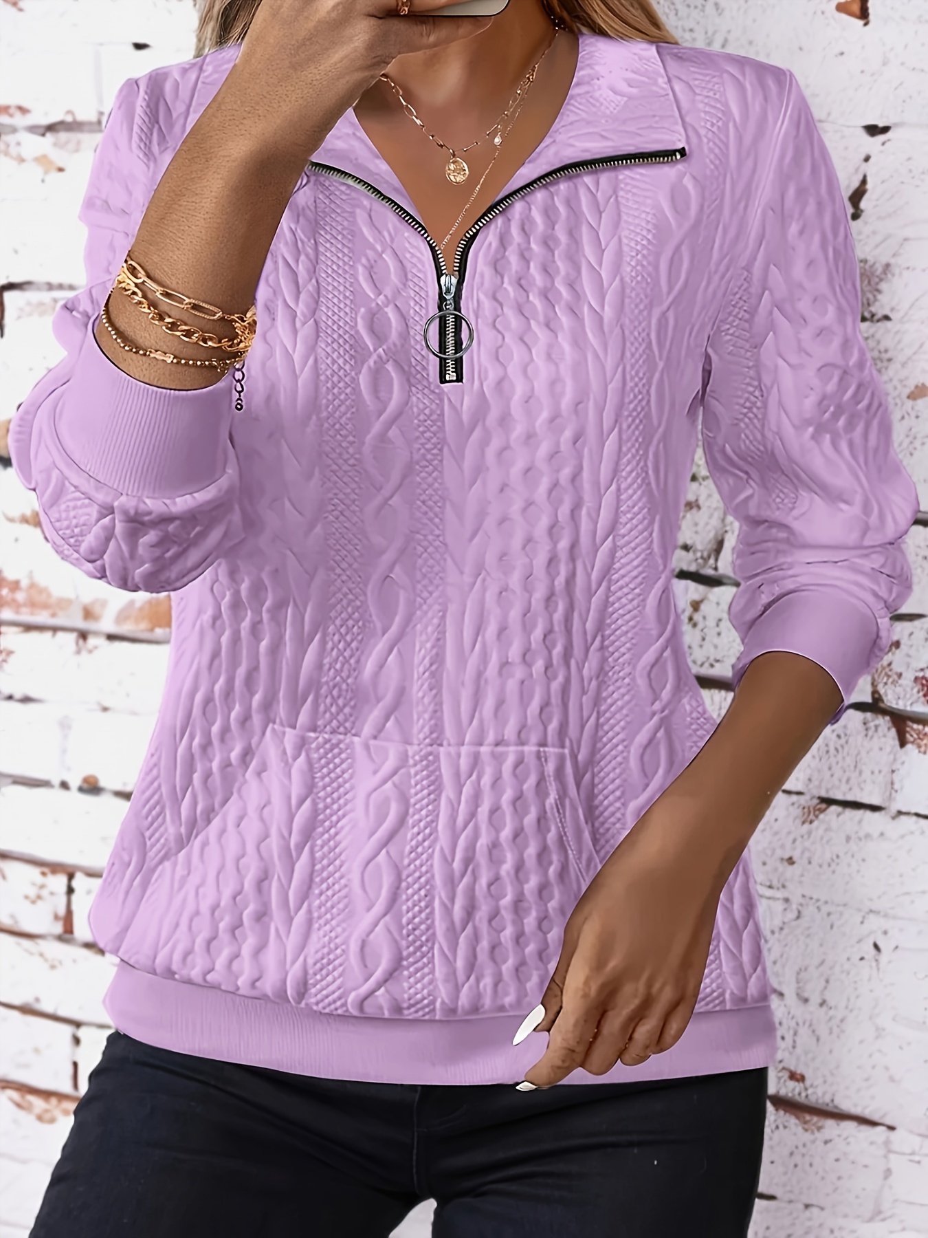 plus size   elegant autumn winter solid color zipper pocket collared womens long sleeve sweatshirt