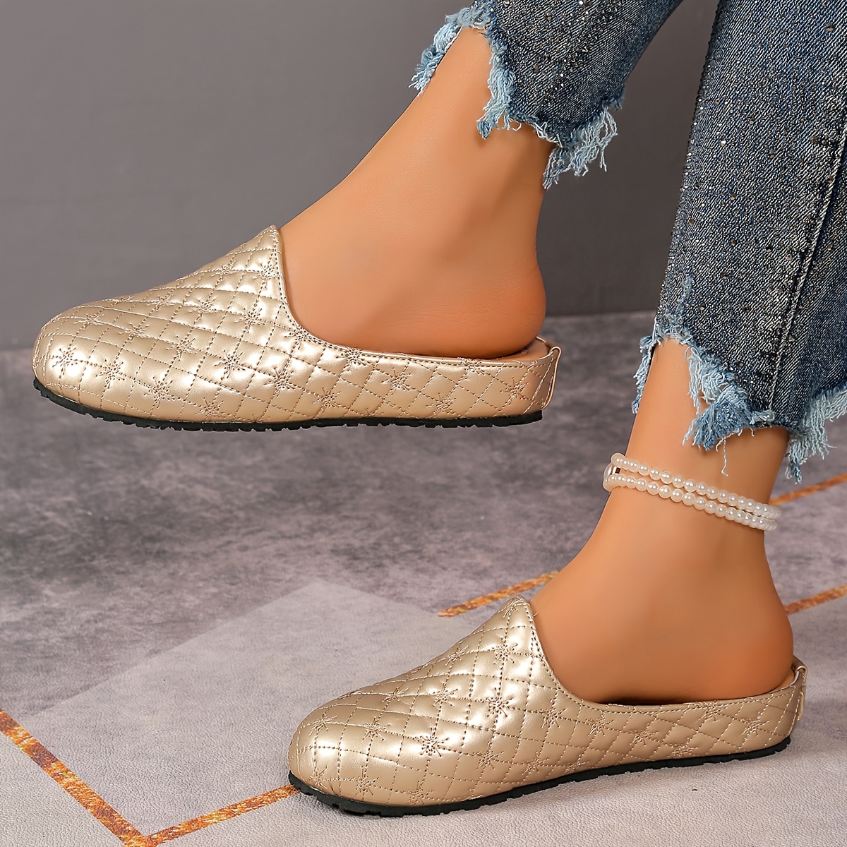 Women's Golden Mules Beige/ White Glossy Slip-On with Cushioned Rubber  Sole, Round Toe Summer for Casual Dressy Outfits, Beach, Office, Shopping 