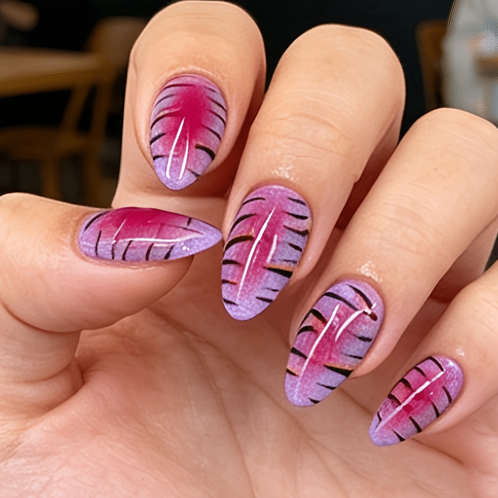 TEMU 24 uñas postizas de presión rosa para mujer - Puntas de uñas postizas de de uñas gótico Y2K, pegatinas de uñas a rayas de media, manicura glam