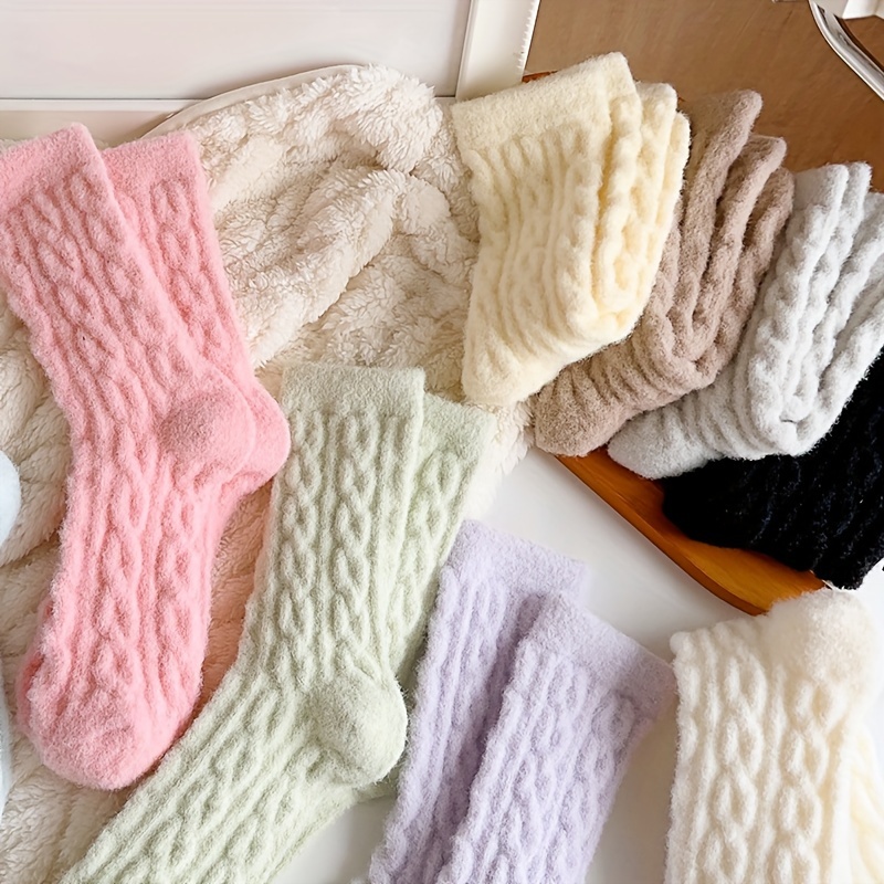 

Solid Fuzzy Twist-embossed Mid Tube Socks For Fall & Winter, Sweet Warm Soft Comfy Breathable Floor Socks, Women's Stockings & Hosiery