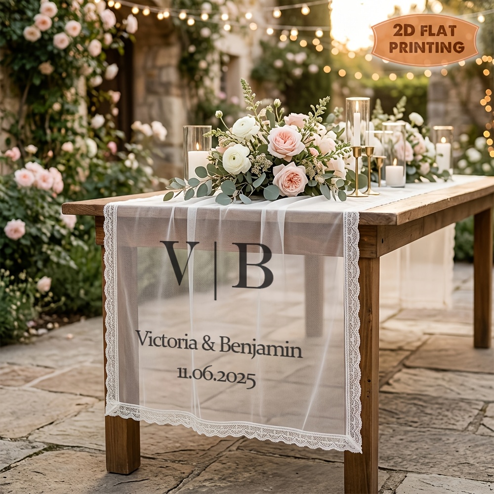 TEMU Nappe de fête/Housse de table, Chemin de table personnalisé en tulle et dentelle, Chemin de table de mariage personnalisé avec nom de famille,