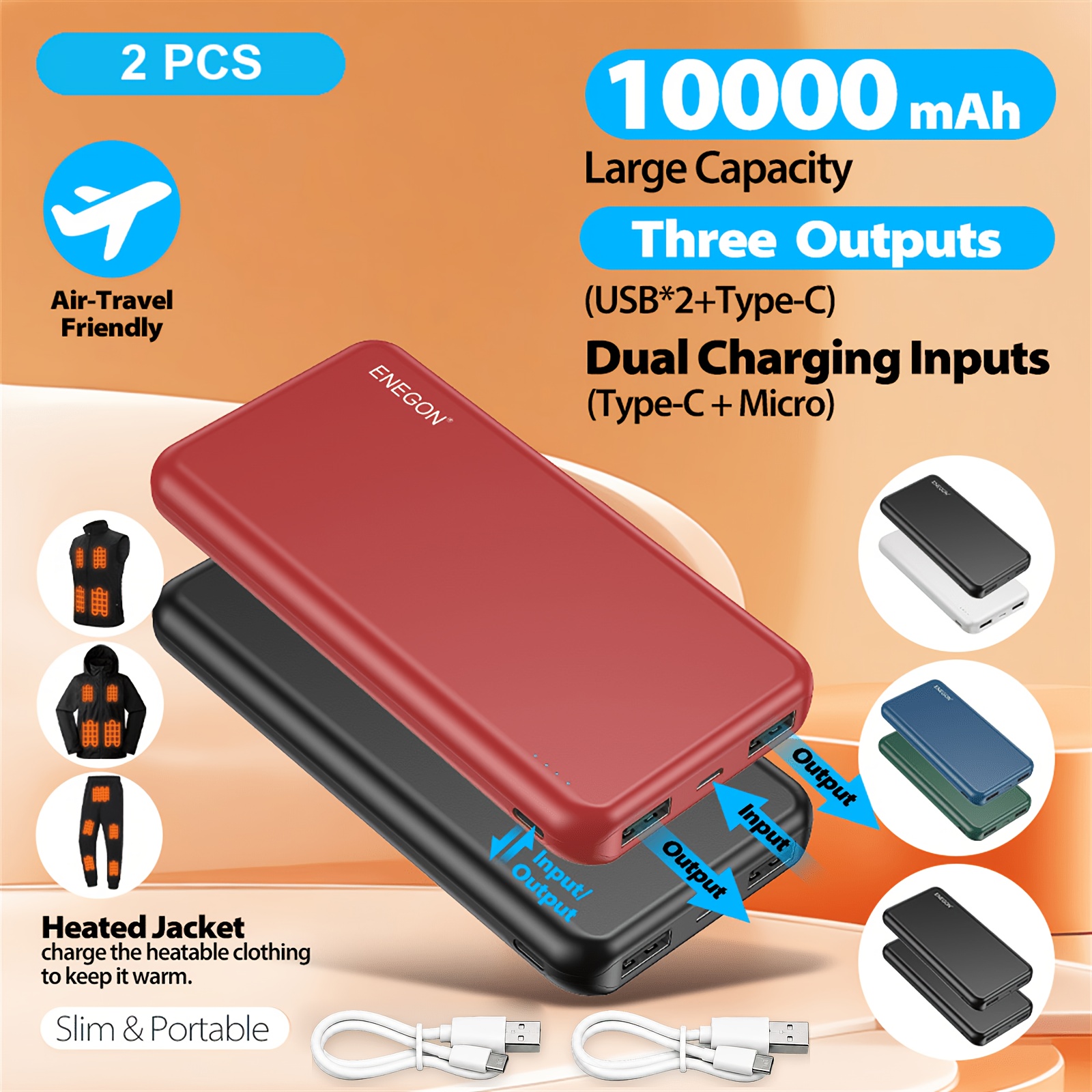 TEMU Enegon 2pcs Portable Charger 10000mah Power Bank Battery Pack For Travel, Usb-c Input And Output, 3 Outputs 2 , Slim Portable Charger Compatible