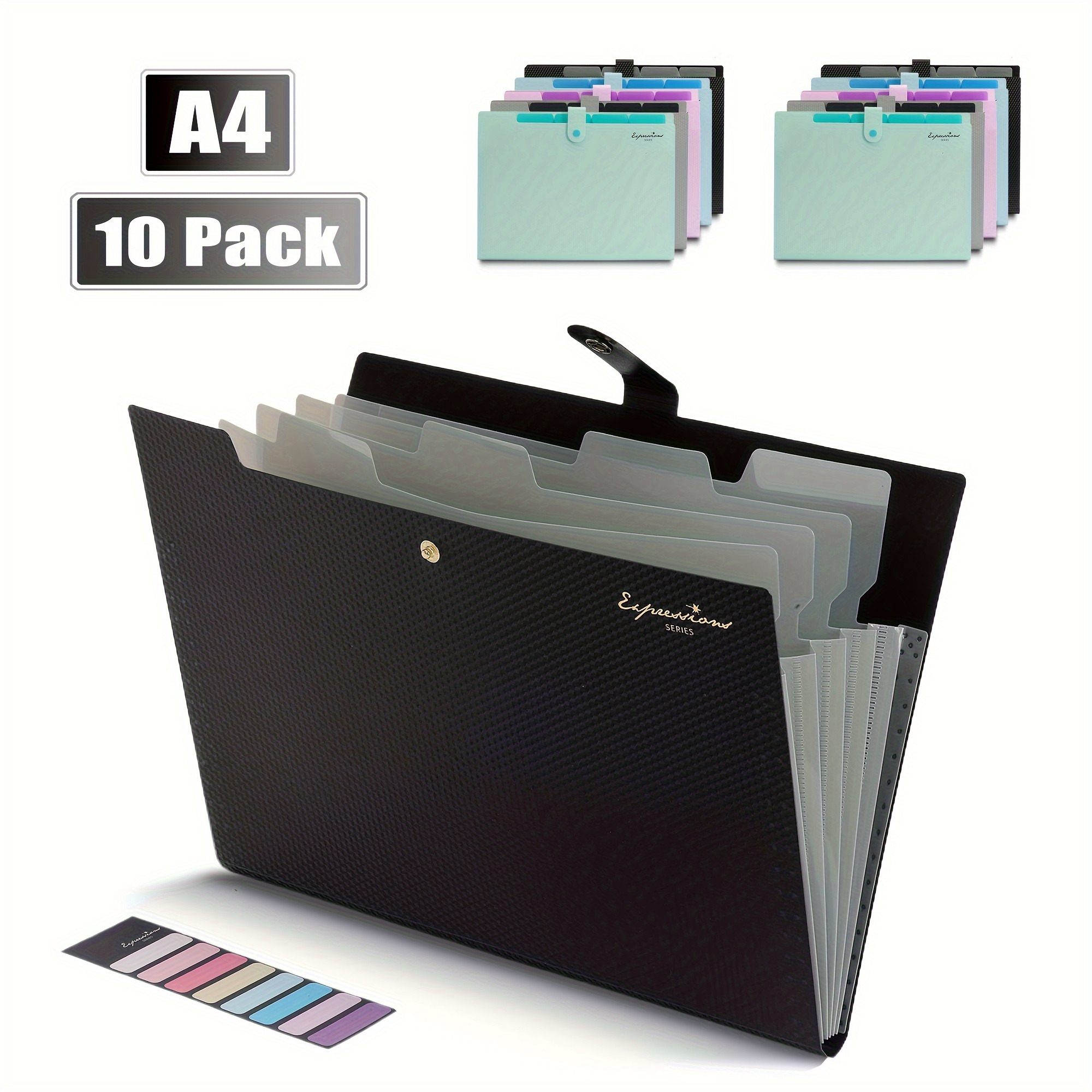 

10 Pack Expanding File Folder, A4 Size, 5 Pocket Folders For Documents, Folder With Labels, Accordion File Organizer, Portable Paper Organizer For School Office Supplies, Black Green Grey Purple