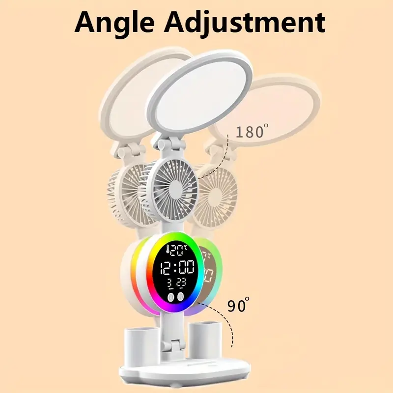 dimmable led desk lamp with adjustable arm fan indoor eye protection light with temperature time date display without battery multifunctional study lamp with fan for bedroom details 1