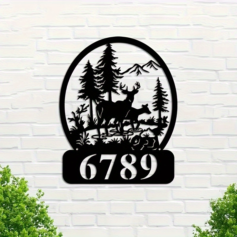 

1pc Personalized Metal Deer And Forest Scene House Number Sign - Custom Outdoor Address Plaque - Vintage Rustic Wall Art For Housewarming - No Electricity Needed