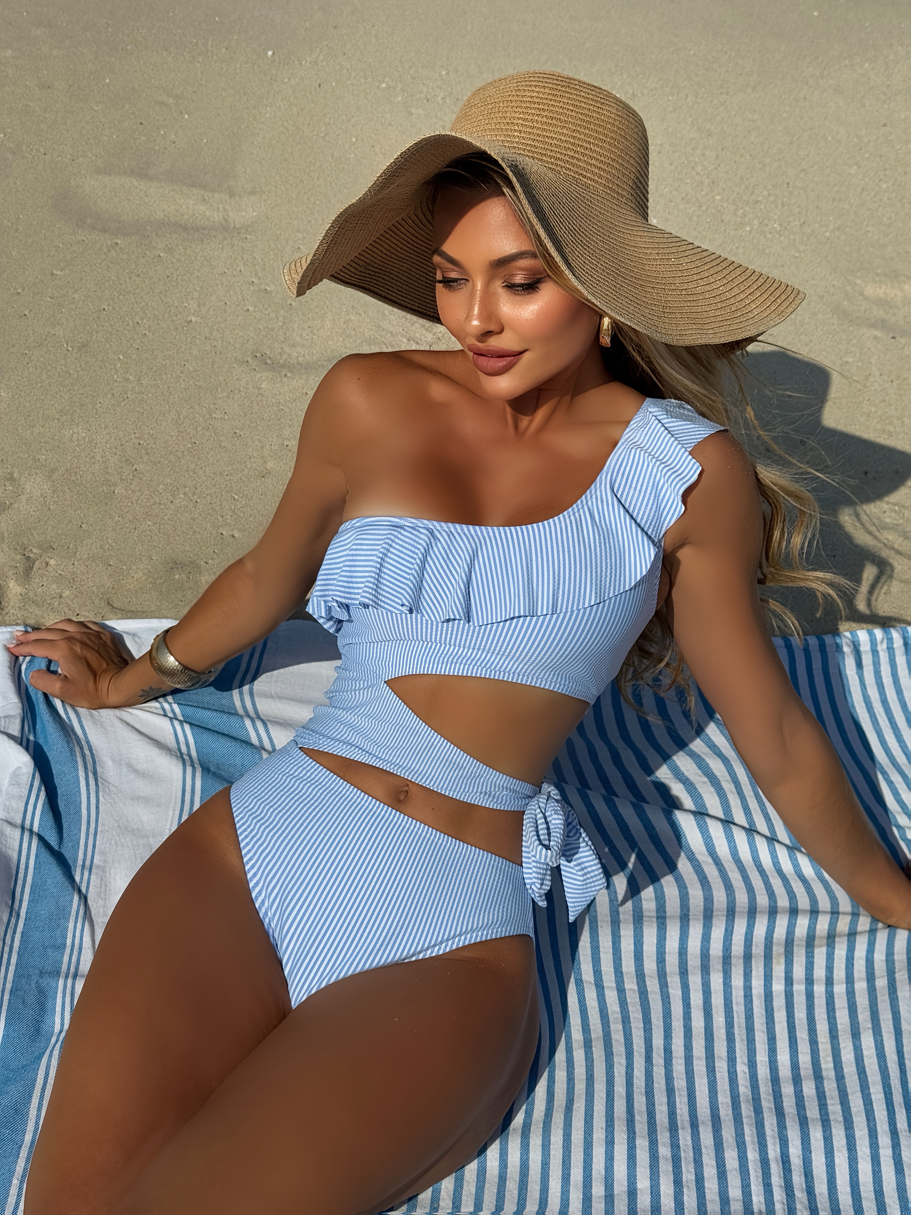   vertical stripe ruffle womens swimsuit sky blue 2