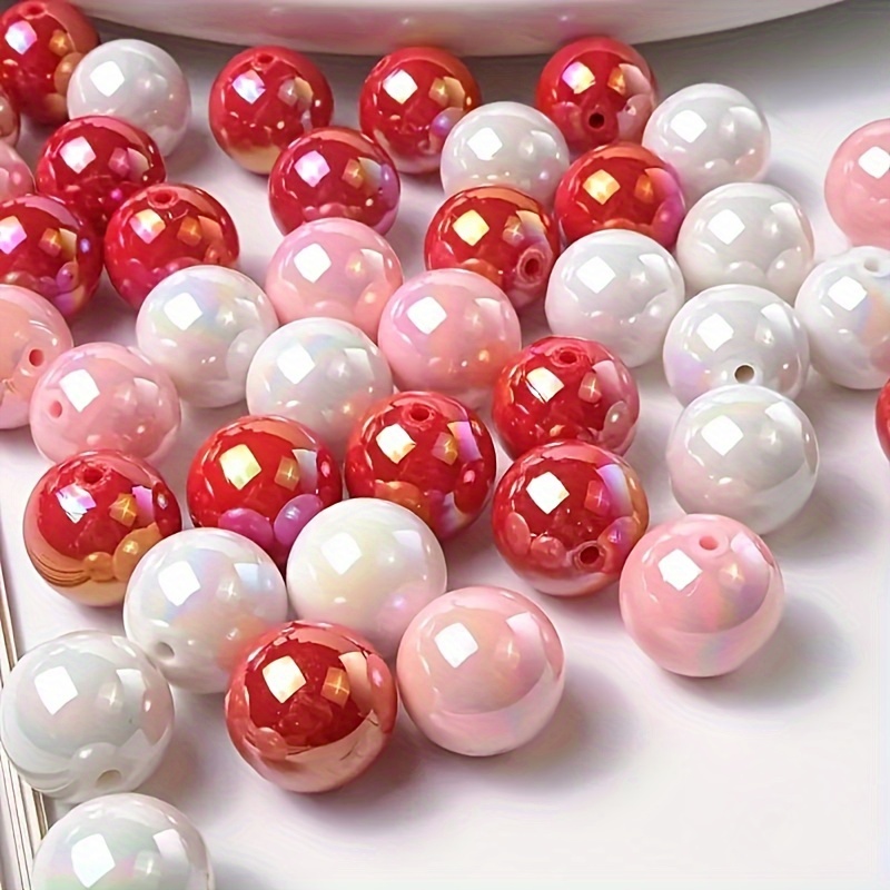 

20-pack Pink, White, And Red Round Acrylic Beads With Ab Color Finish For Diy Jewelry, Keychains, And Phone Charms - Versatile Craft Bead Assortment For Handmade Accessories