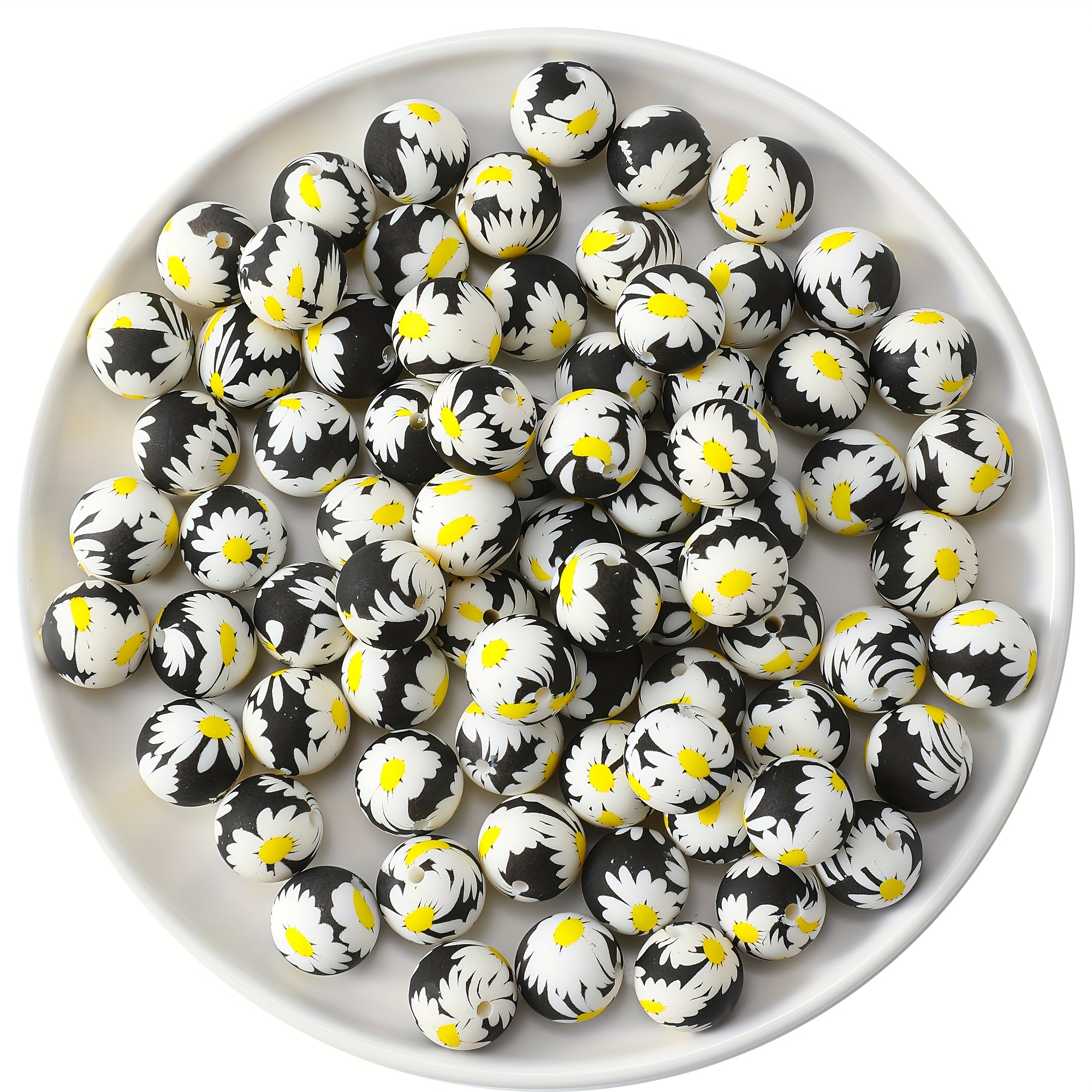 

50pcs Silicone Printed Beads Black White Sunflower Print Beads 15mm Printed Beads Silicone Spacer Beads For Keychain Making Bracelet Necklace Diy Pen Beads