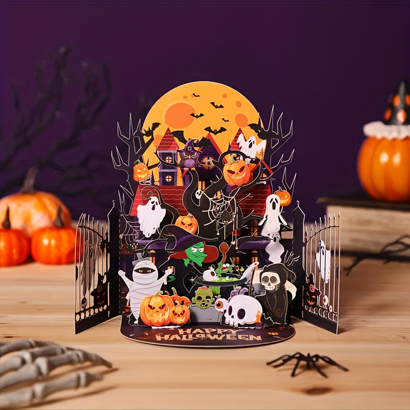 E-shop 1 Stück Handgemachte Halloween Pop-Up-Karte mit Hexenhaus, Kürbislaternen, Geistern – Lila & Orange Gruselige Party-Einladung, Inklusive