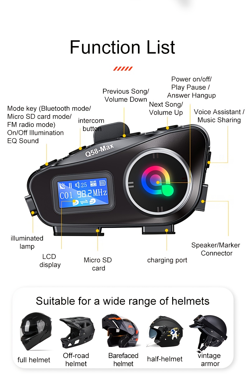 2 piezas Casco de Motocicleta Q58 Auricular sin varillas con Iluminación LED, Estéreo y Asistente de Voz FM Radio, Interfono de 500m