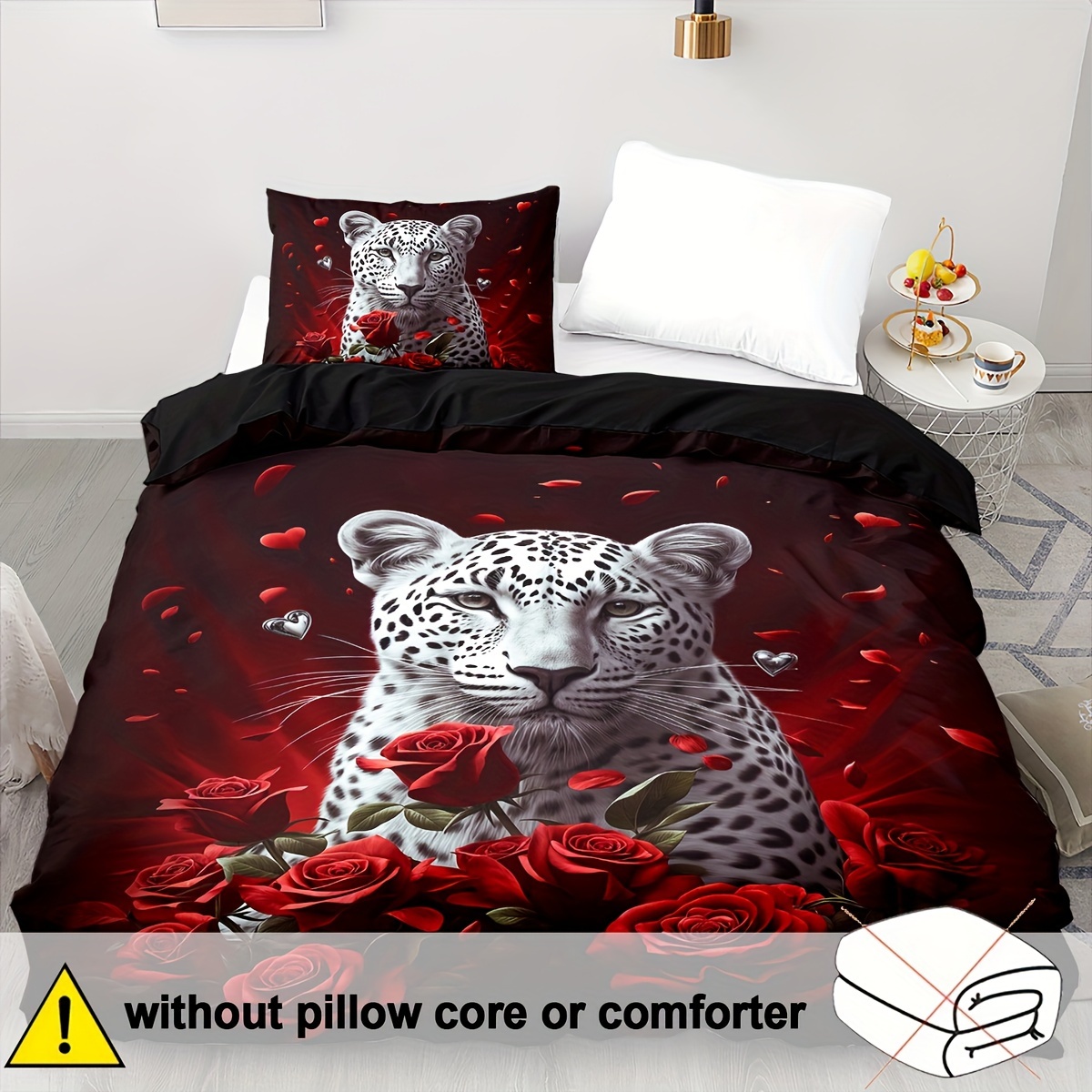 E-shop Leopardenmuster Bettbezug-Set mit roten Rosen - Tiermotiv Atmungsaktives Bettwäscheset, 100% Polyester Sanded Digitaldruck, Reißverschluss,
