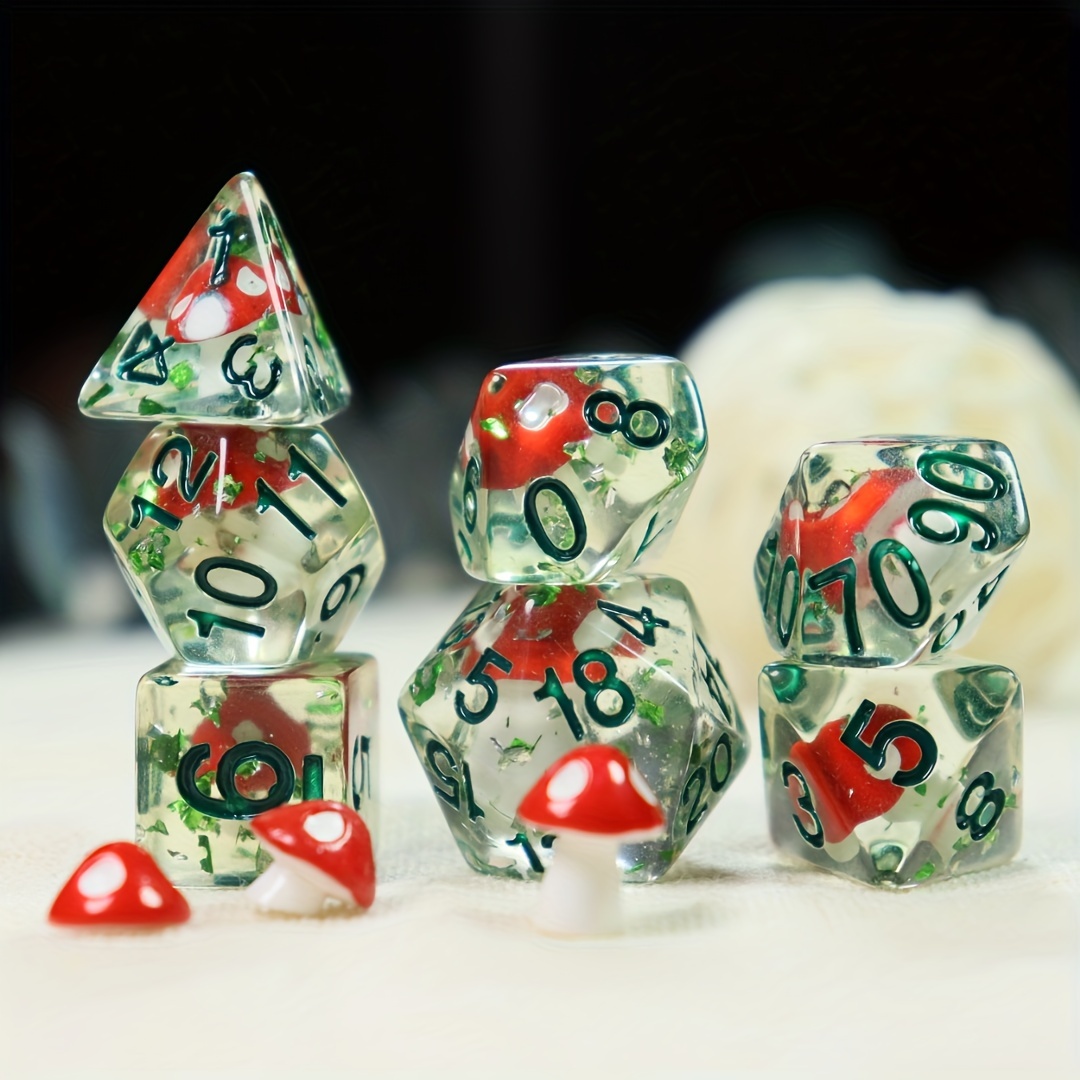 

[customer ] 7pcs Cute Mushroom Resin Dice Set For Rpgs - Cartoon Embedded, Perfect Gift For Gamers