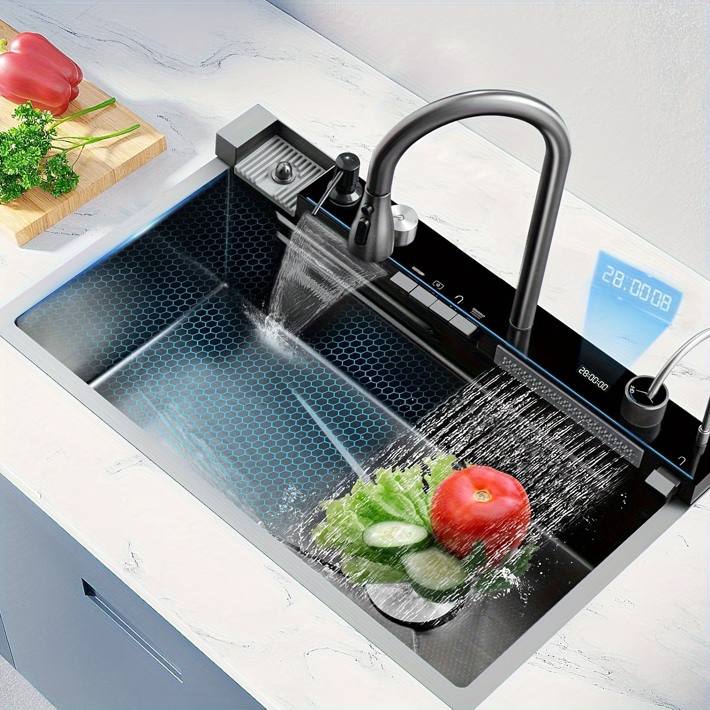 waterfall kitchen sink stainless steel countertop single bowl kitchen sink flying rain   faucet sink with cup washer clean water faucet